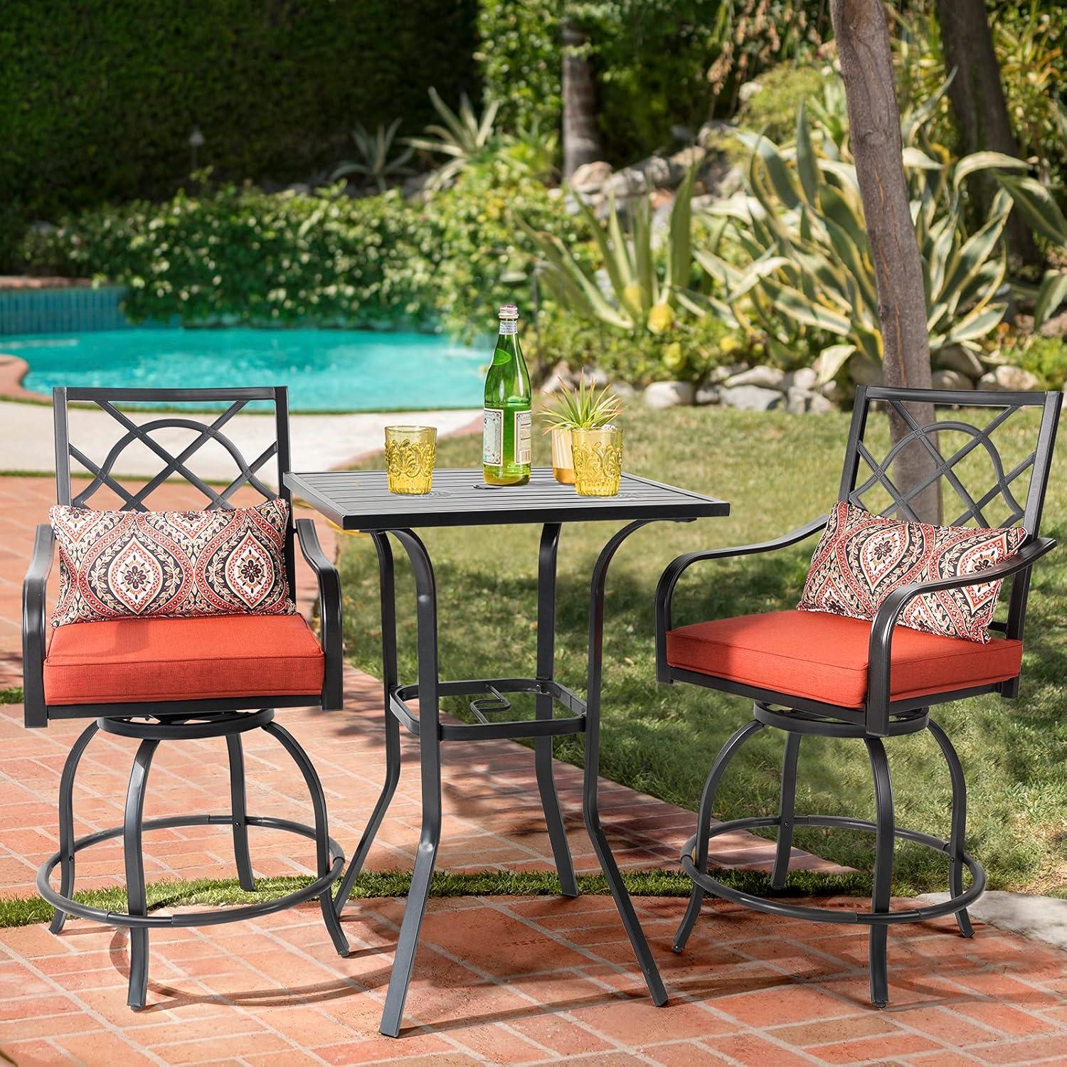 Patio Height Bar Table, Outdoor Bistro Square High Top Dining Table with 1.57'' Umbrella Hole & Steel Slat Table Top (Black)