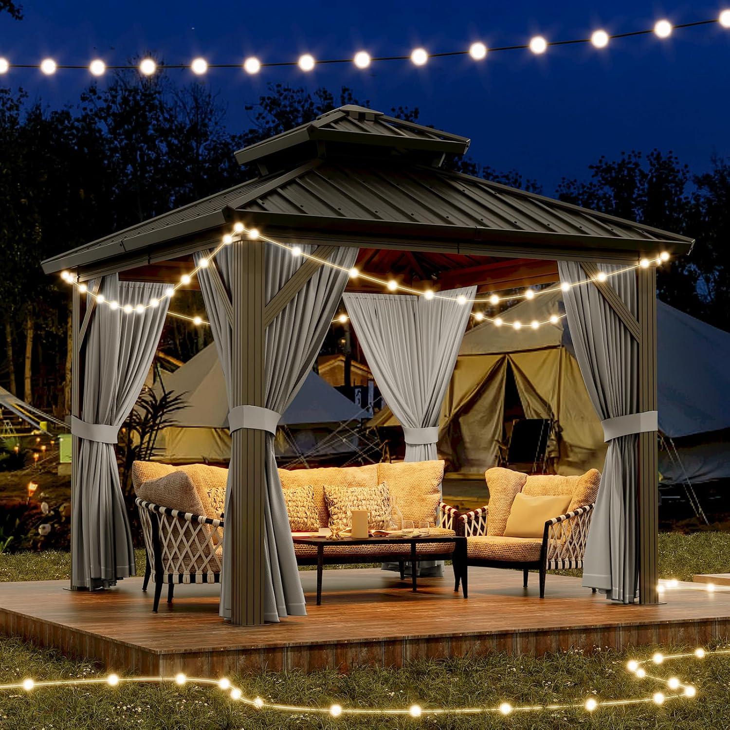 10x10 Ft Gray Aluminum and Steel Hardtop Gazebo with Curtains