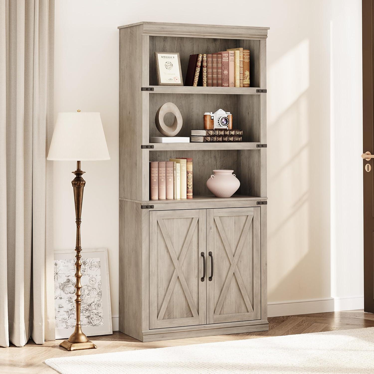 5-Tier Wooden Bookshelves with Cabinet Doors and Bookcases with Doors Floor Bookshelves and Office Storage Cabinets