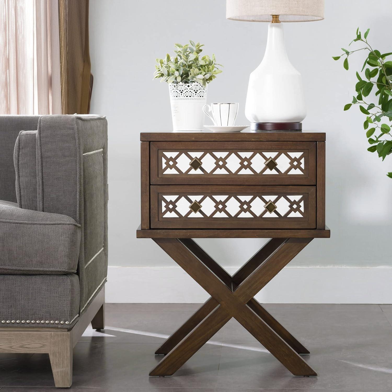 Mirrored Diamond Filigree X Base Nightstand/Table Walnut - Leick Home