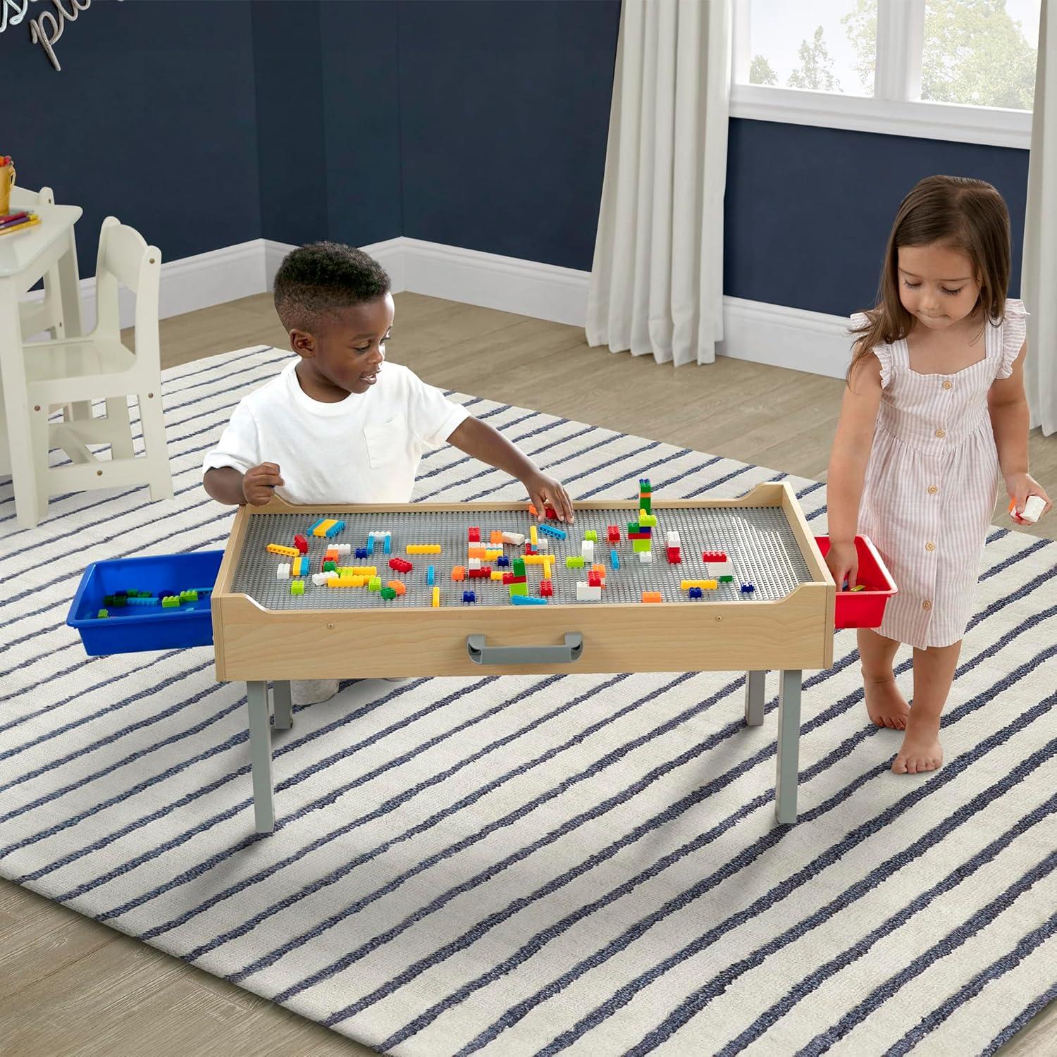 Delta Children Play N Store Building Bricks Play Table with 100+ Play Bricks Included - Large Brick Plate Compatible with LEGO, MegaBlocks & More - Legs Fold for Easy Under Bed Storage, Grey