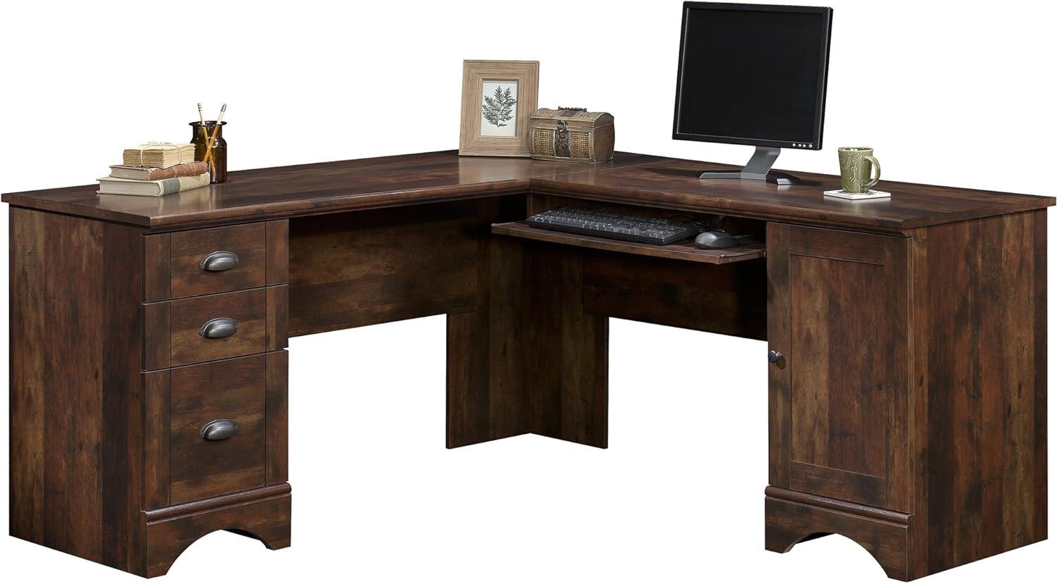 Curado Cherry L-Shaped Wood Corner Computer Desk with Drawers