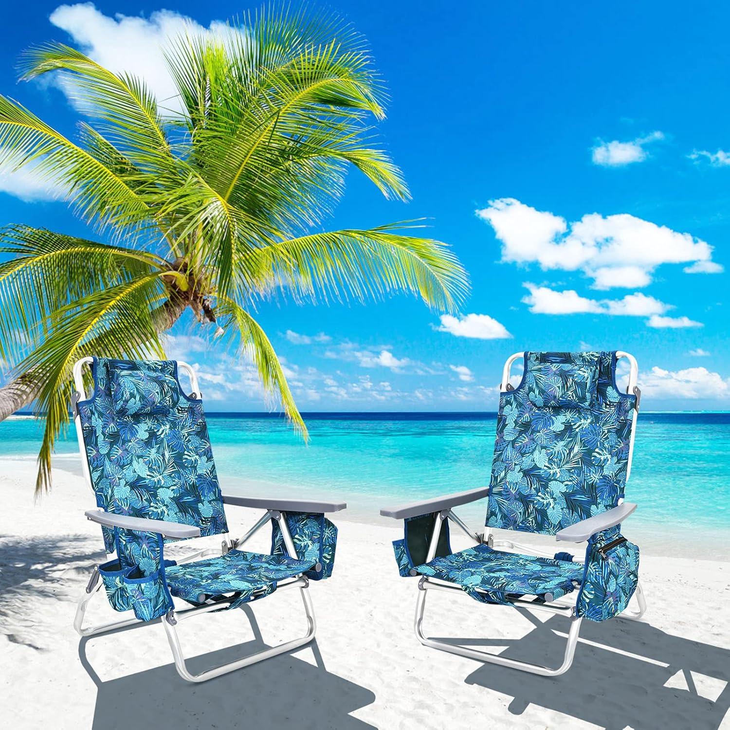 Topcobe 2-Pack Folding Backpack Beach Chair 5-Position Outdoor Reclining Chairs with Pillow, Foldable Outdoor Patio Chair for Deck, Backyard, Navy