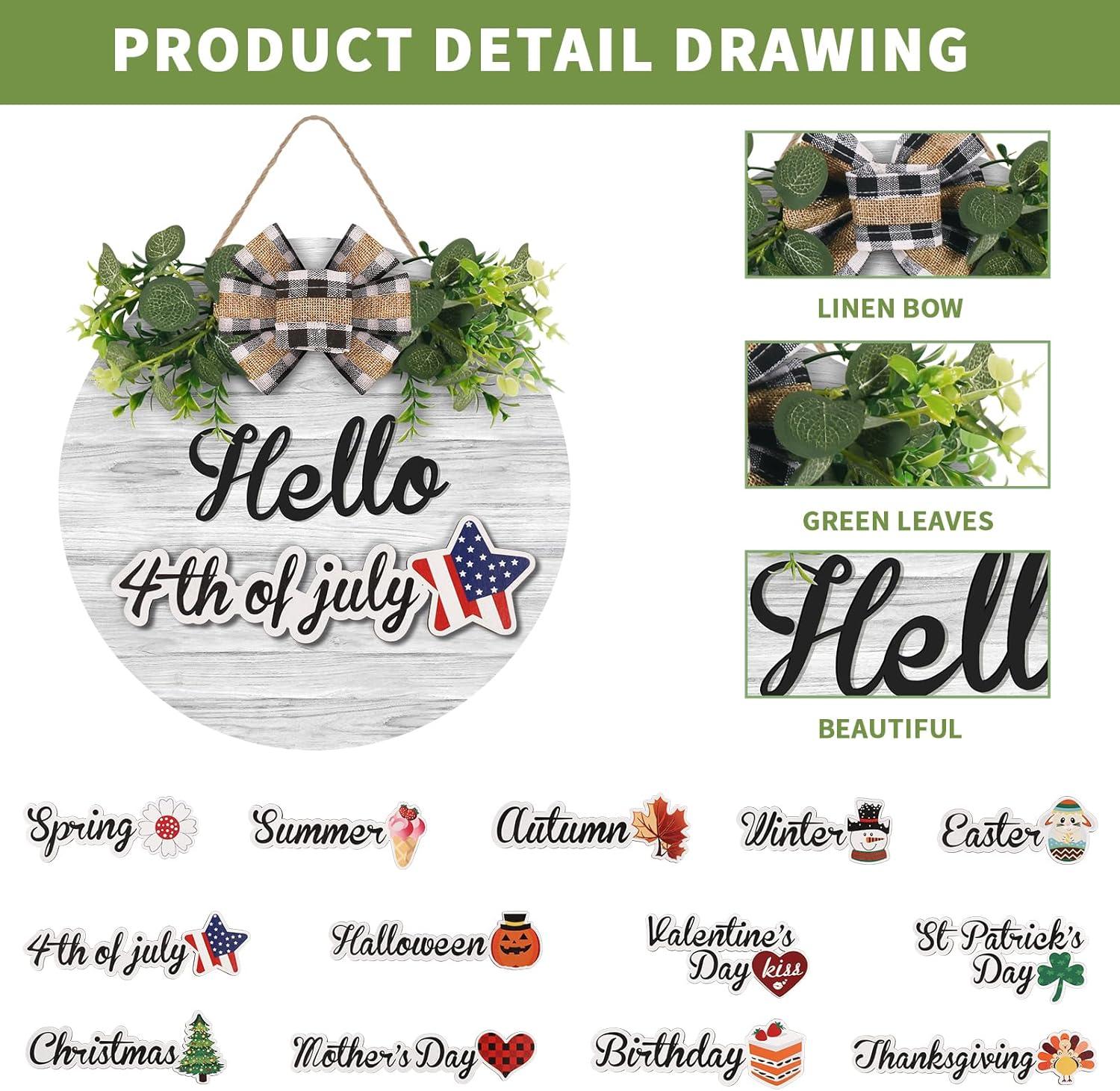 RoseCraft Interchangeable Wooden Seasonal White Welcome Sign, Rustic Welcome Front Door Wreaths for Home Wall Porch Decor, for Easter Spring Summer Fall Halloween Christmas All Season Decorations.