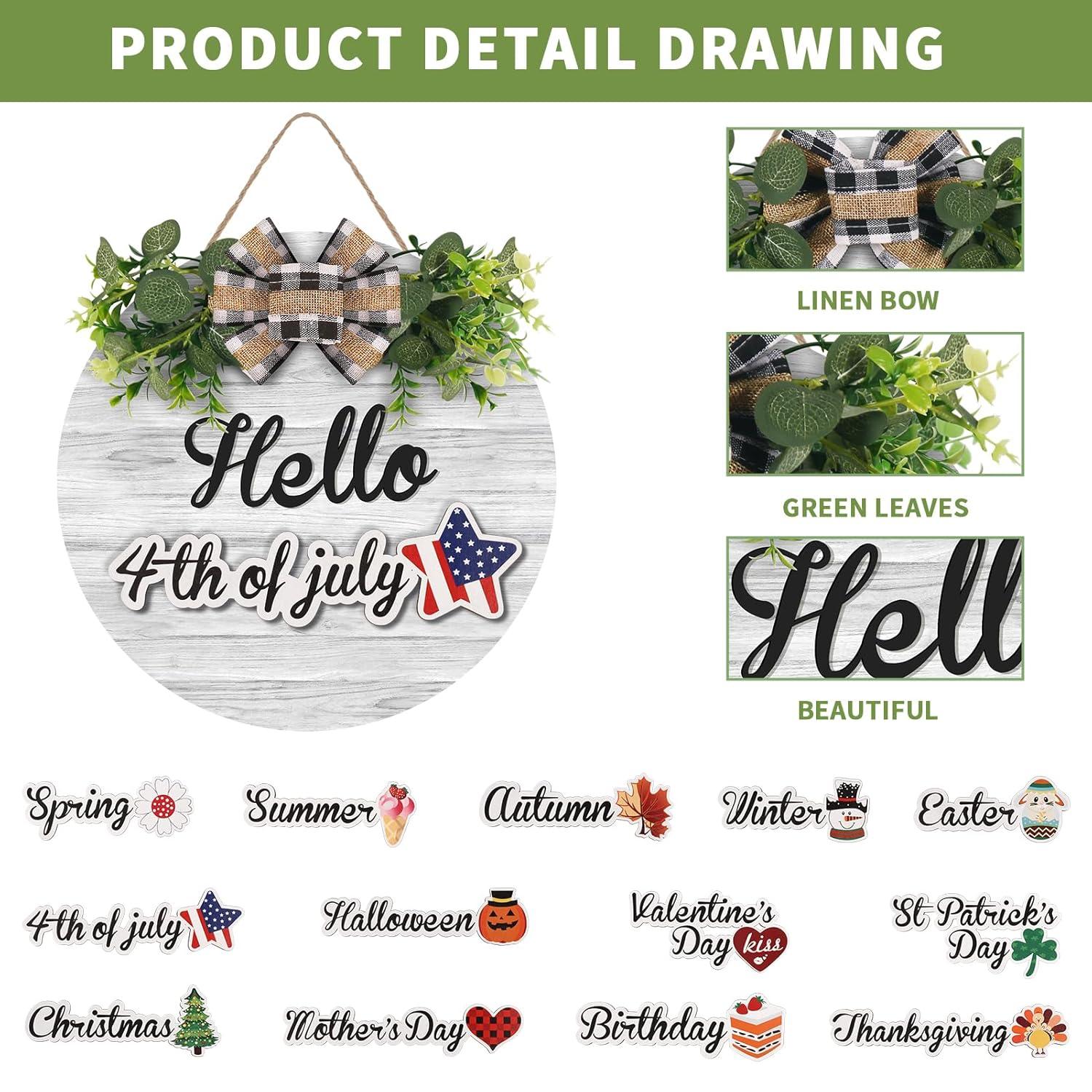 RoseCraft Interchangeable Wooden Seasonal White Welcome Sign, Rustic Welcome Front Door Wreaths for Home Wall Porch Decor, for Easter Spring Summer Fall Halloween Christmas All Season Decorations.