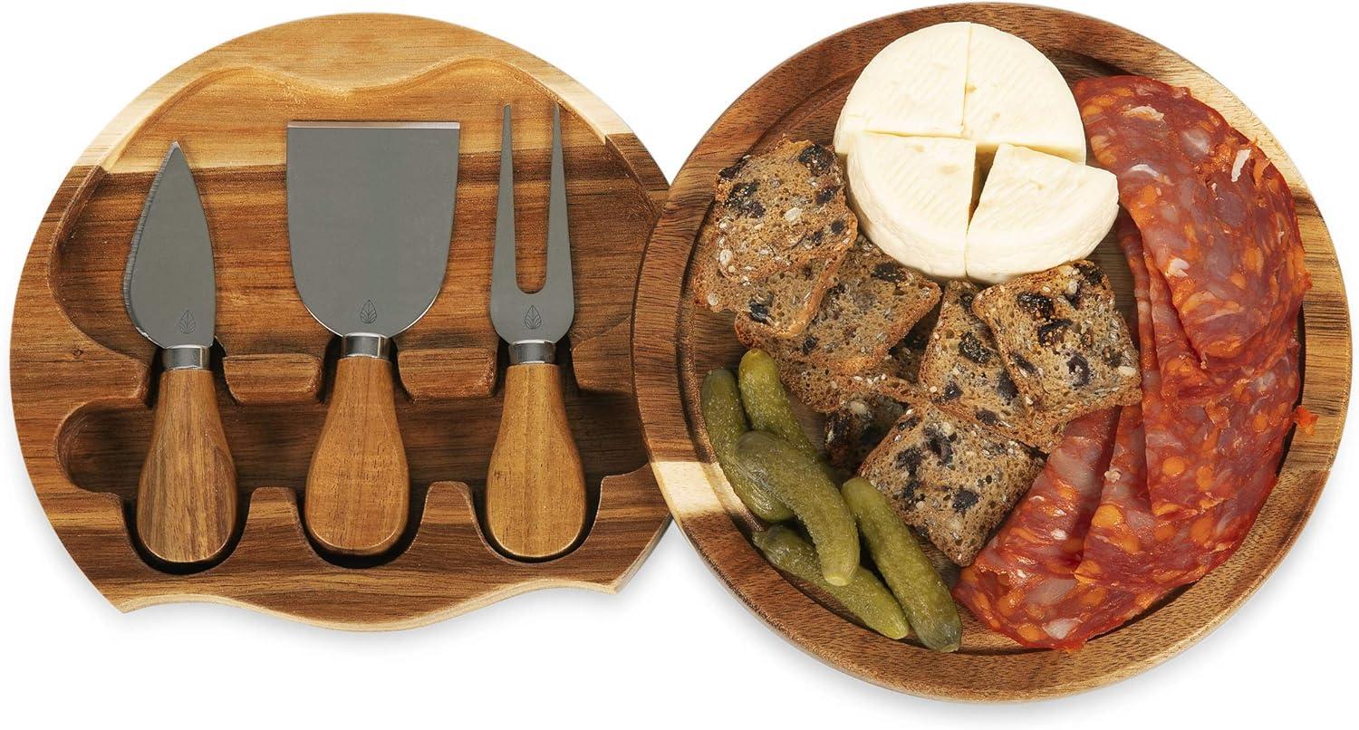 Acacia Round Cheese Board Set - Picnic Time: Charcuterie & Cutting Board, Lightweight Acacia, 7.5" Brown