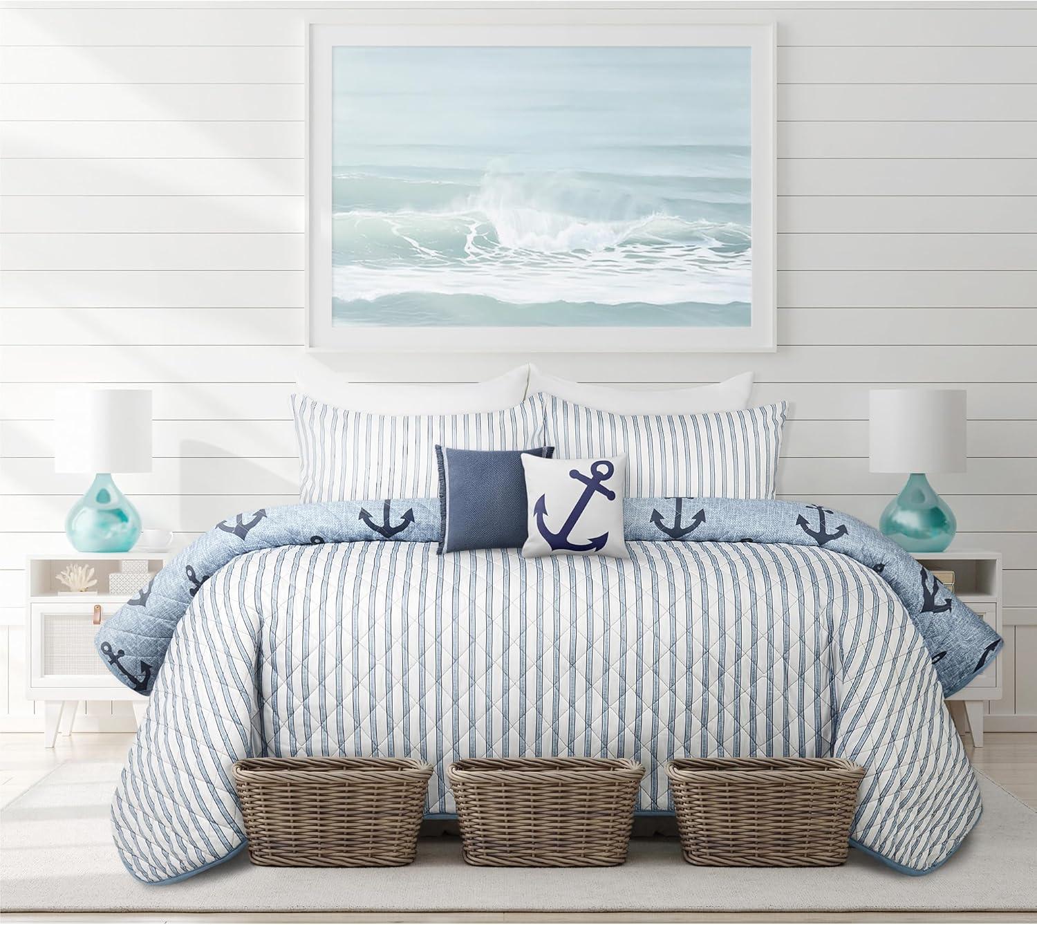 King Blue Anchor Microfiber Quilt Set for All Seasons