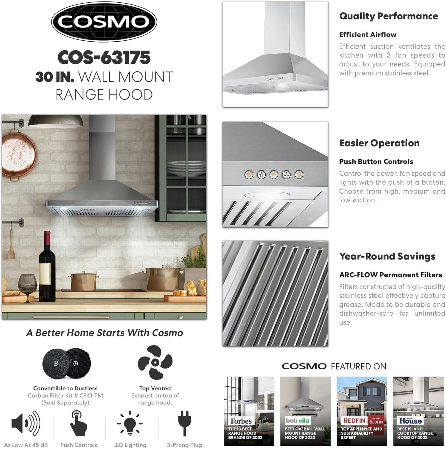 Cosmo 30 in. Ducted Wall Mount Range Hood in Stainless Steel with LED Lighting and Permanent Filters