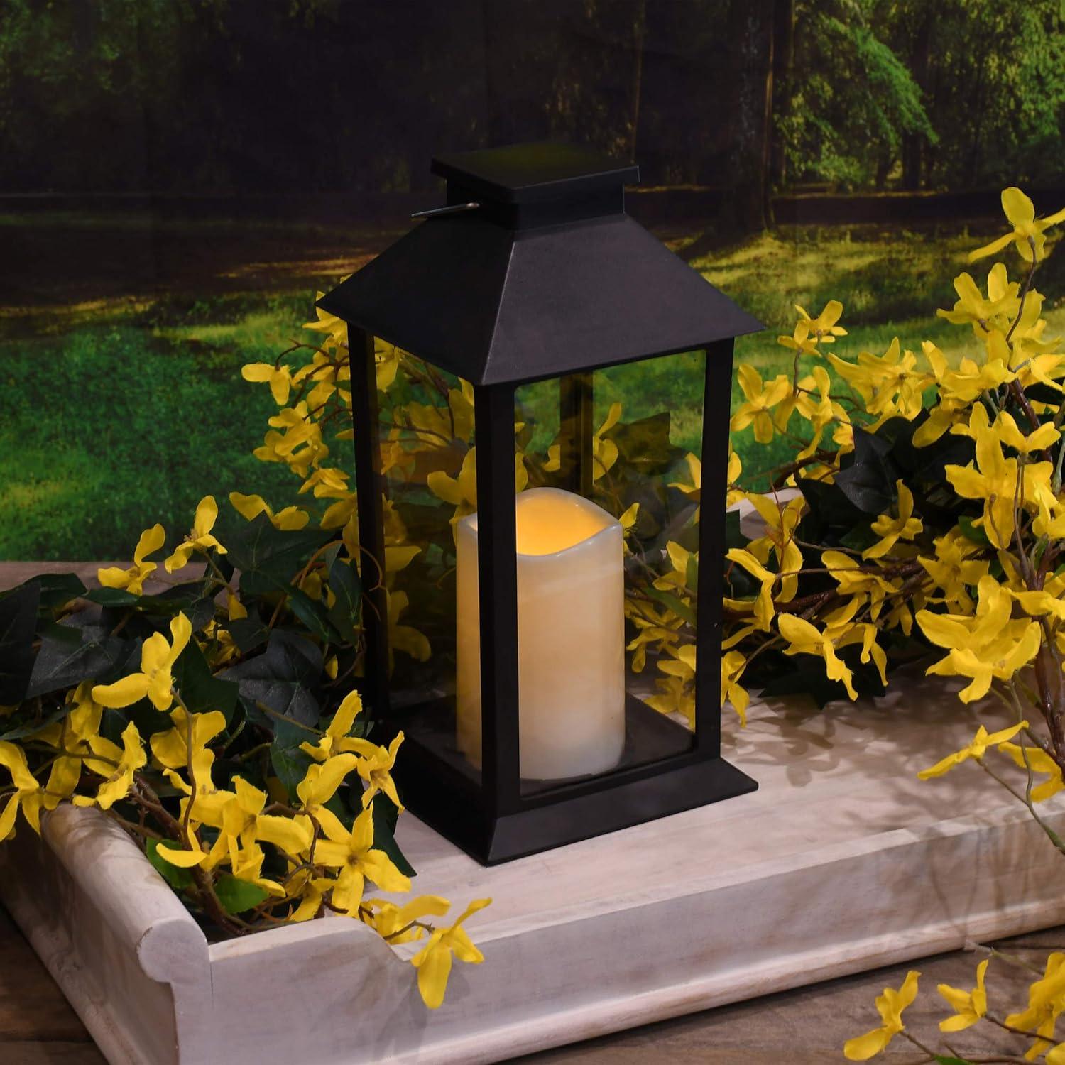 Traditional Black Solar Lantern with LED Candle and Hanging Hook