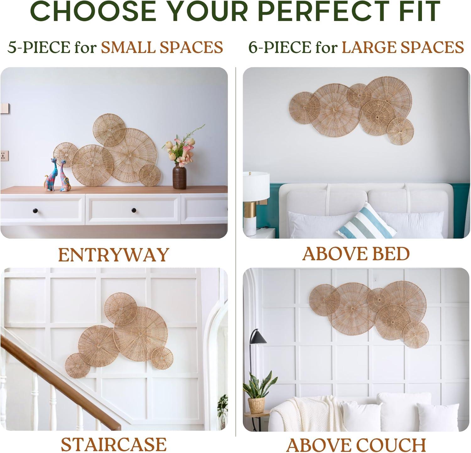 18 Inch Wicker Jute Wall Decor, Set Of 5 Large Woven Jute Wall Plates, Large Decorative Baskets For Wall Arts, 18", 14", 11", 8", 7", Farmhouse Wall Hanging For Bedroom, Living Room