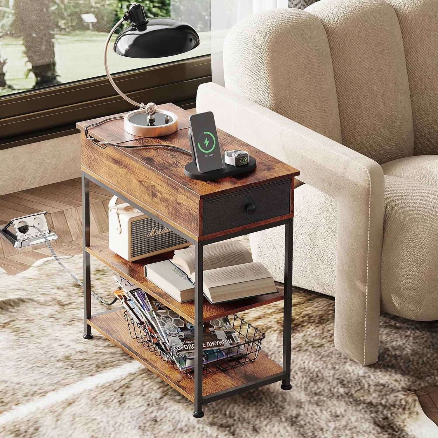 Rustic Brown Wood and Metal Side Table with Charging Station