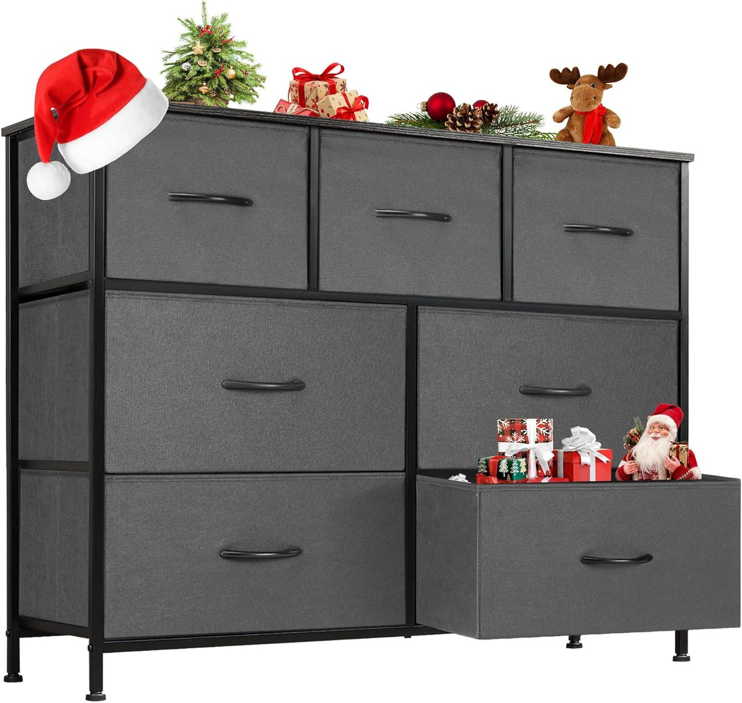 Dresser for Bedroom with 7 Drawers, Storage Organizer Units Furniture, Chest Tower TV Stand with Fabric Bins, Metal Frame, Wooden Top for Nursery, Living Room, Kidsroom, Closet, Grey