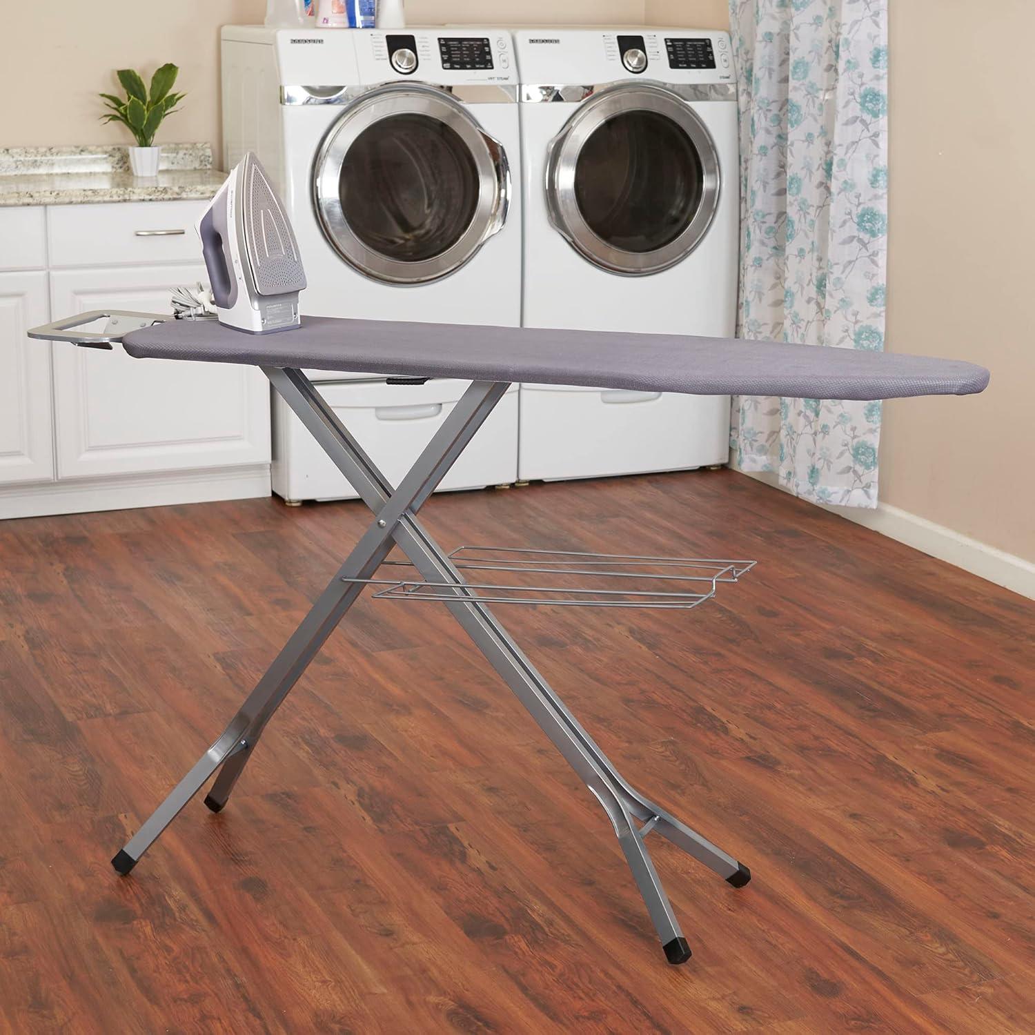 Household Essentials Ironing Center Mesh Steel Top Silver: Full Size Adjustable Ironing Board with Non-Slip Iron Rest