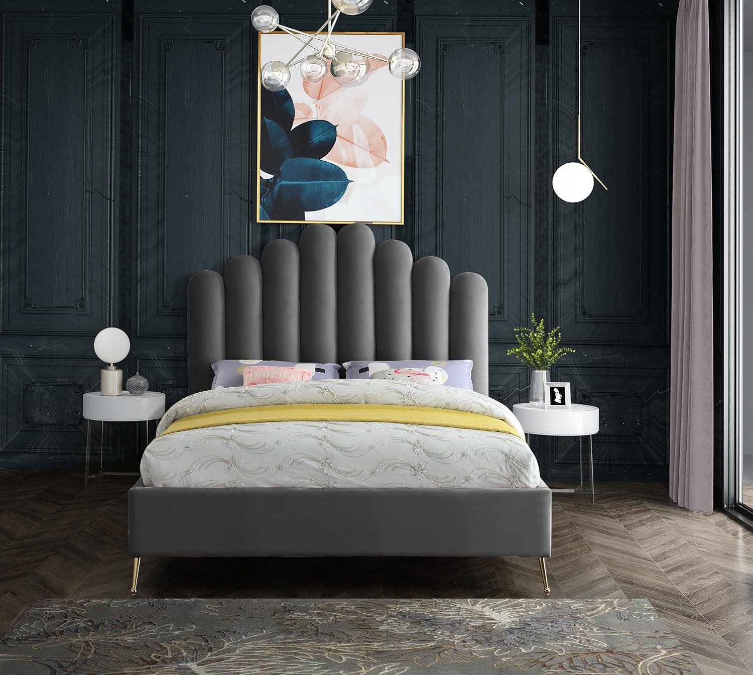 Meridian Furniture Contemporary Velvet Upholstered Platform Bed with Sturdy Gold Steel Legs and Deep Channel Tufted Headboard