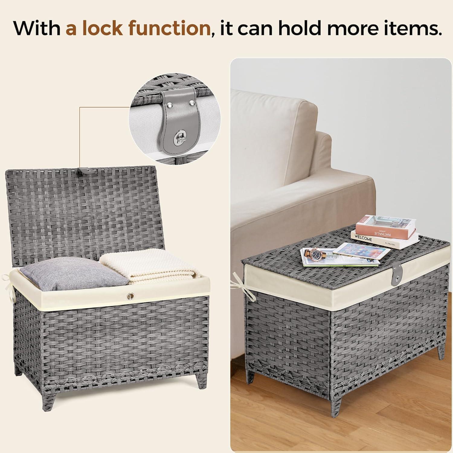 Gray Wicker Storage Trunk with Removable Liner and Lid