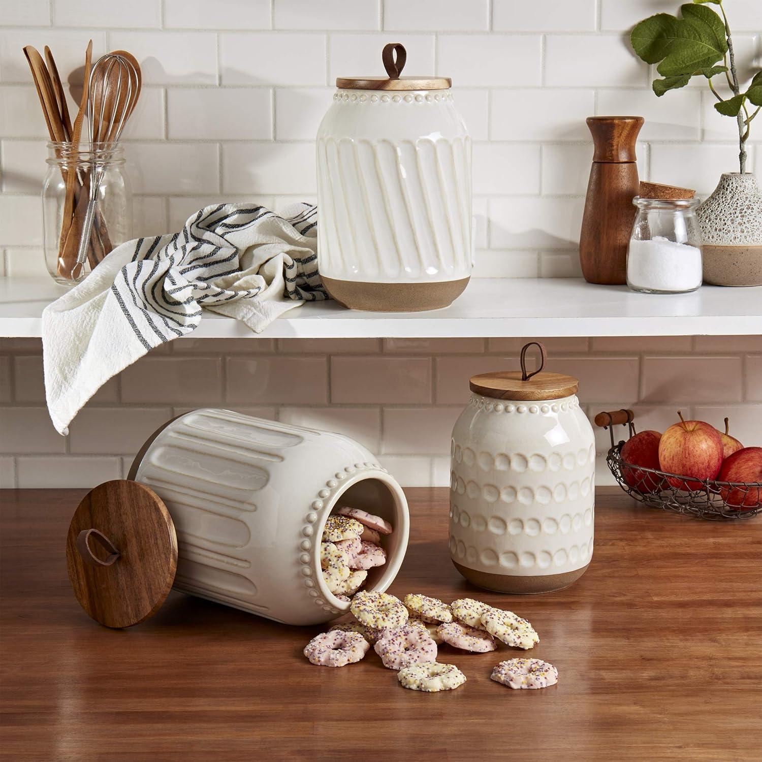 Embossed White Ceramic Canister Set with Acacia Wood Lids, 3 Piece