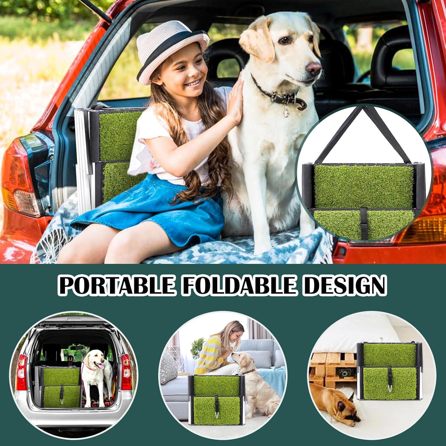 Dog Ramp for Car, Extra Wide Dog Car Stair for Large Dogs, Pet Steps Lightweight Aluminum Foldable Dog Steps for Cars and SUV,High Beds, Trucks, Supports up to 200 lbs (Extra Wide-4 Steps with Grass)