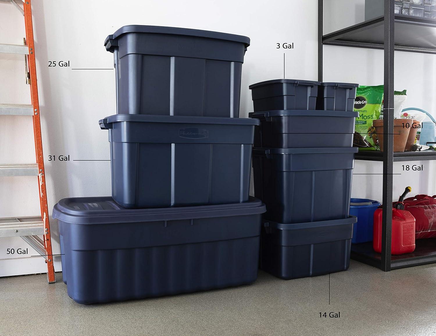 Rubbermaid Roughneck 25 Gallon Rugged Stackable Storage Container with Tight Lid for Indoor or Outdoor Home Organization, Dark Indigo Metallic, 4 Pack