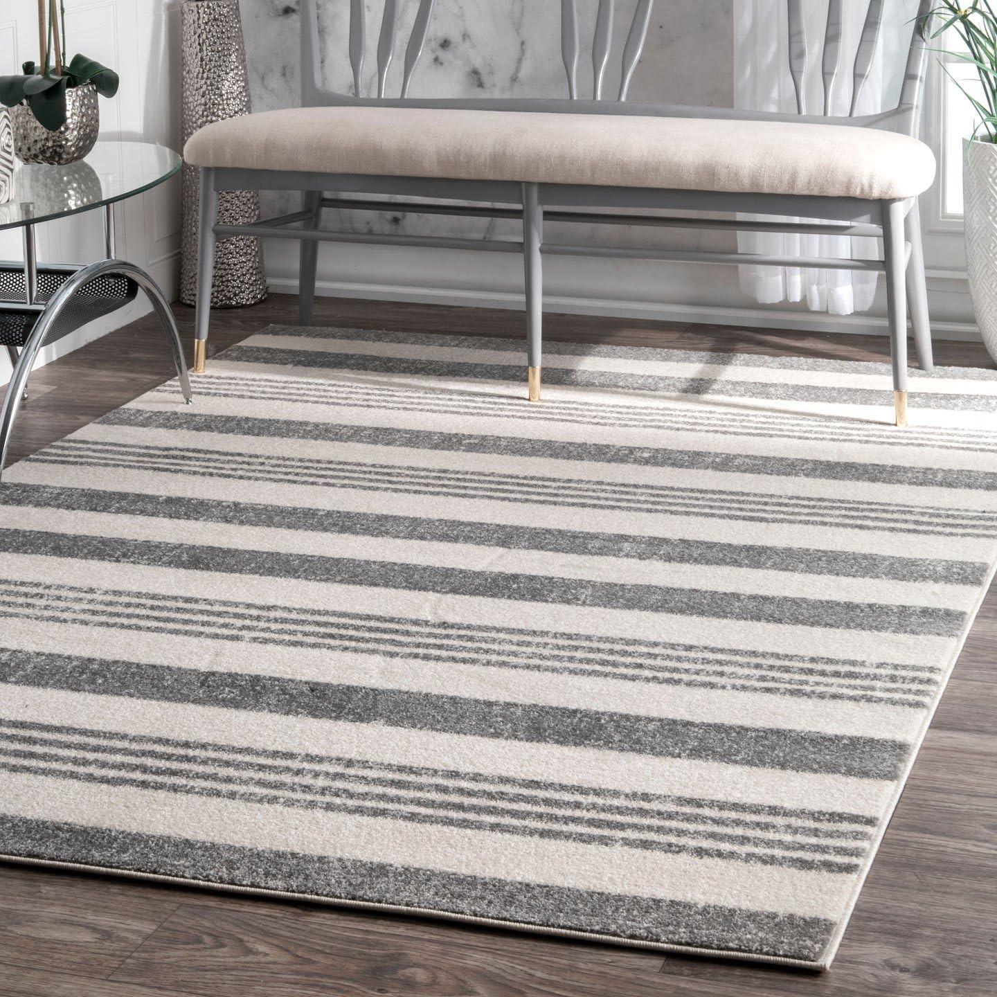 Reversible Striped Gray Synthetic Rug, Stain-Resistant, 4' x 6'