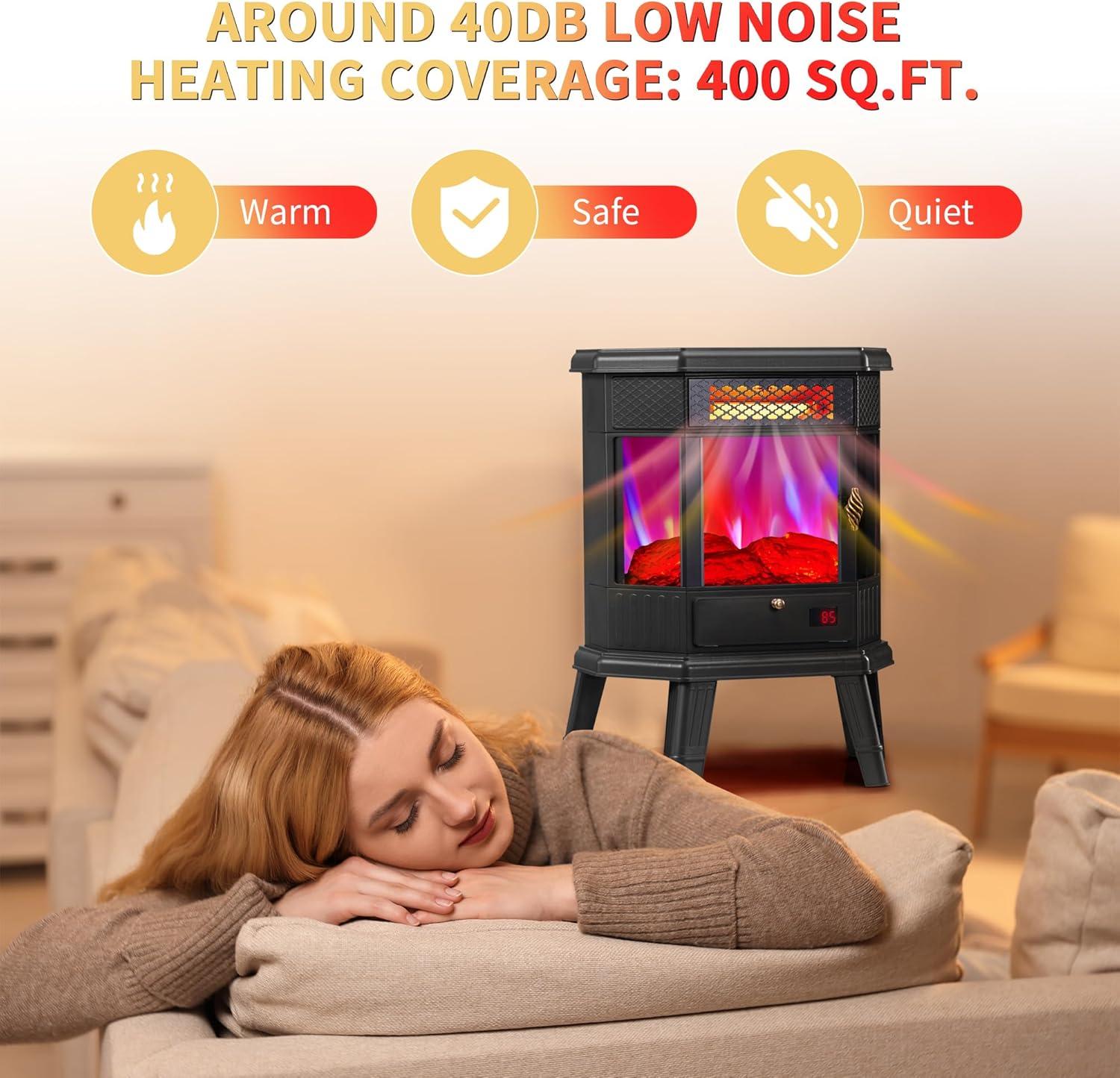 Black Freestanding Electric Fireplace Heater with 3D Flame Effect and Remote