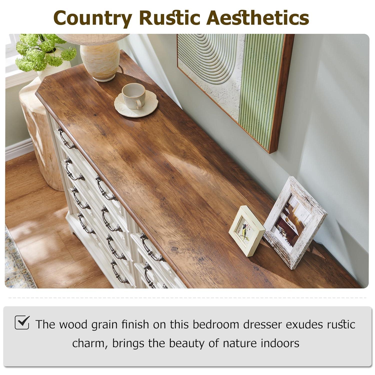 T4TREAM Farmhouse 8 Drawers Dresser for Bedroom, 54" Wide Wood Rustic Chest of Drawers with Natural Texture, Vintage Design, Storage Dressers Organizer for Bedroom, Living Room (Antique White)