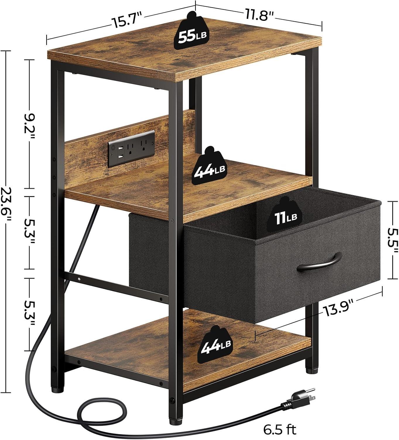 Rustic Brown 3-Tier Nightstand with LED and Charging Station