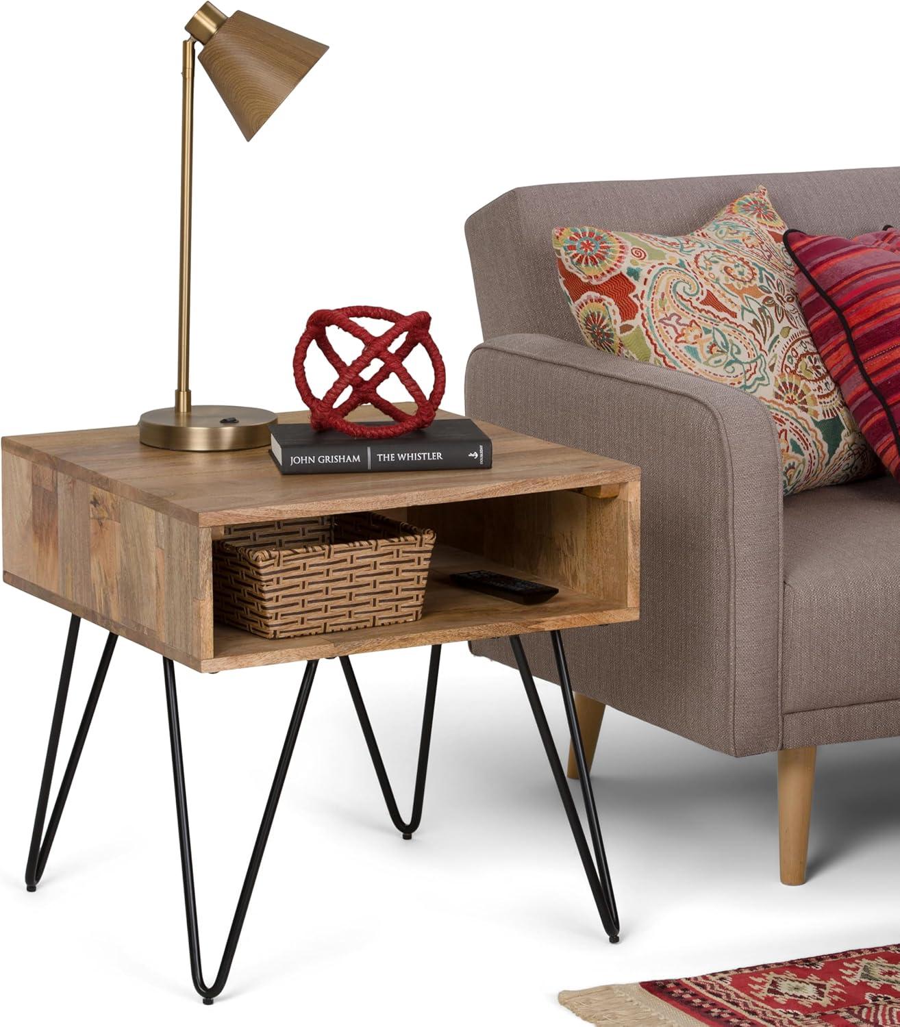 Hunter 22"W Solid Wood Industrial Square End Table with Hairpin Legs and Open Storage