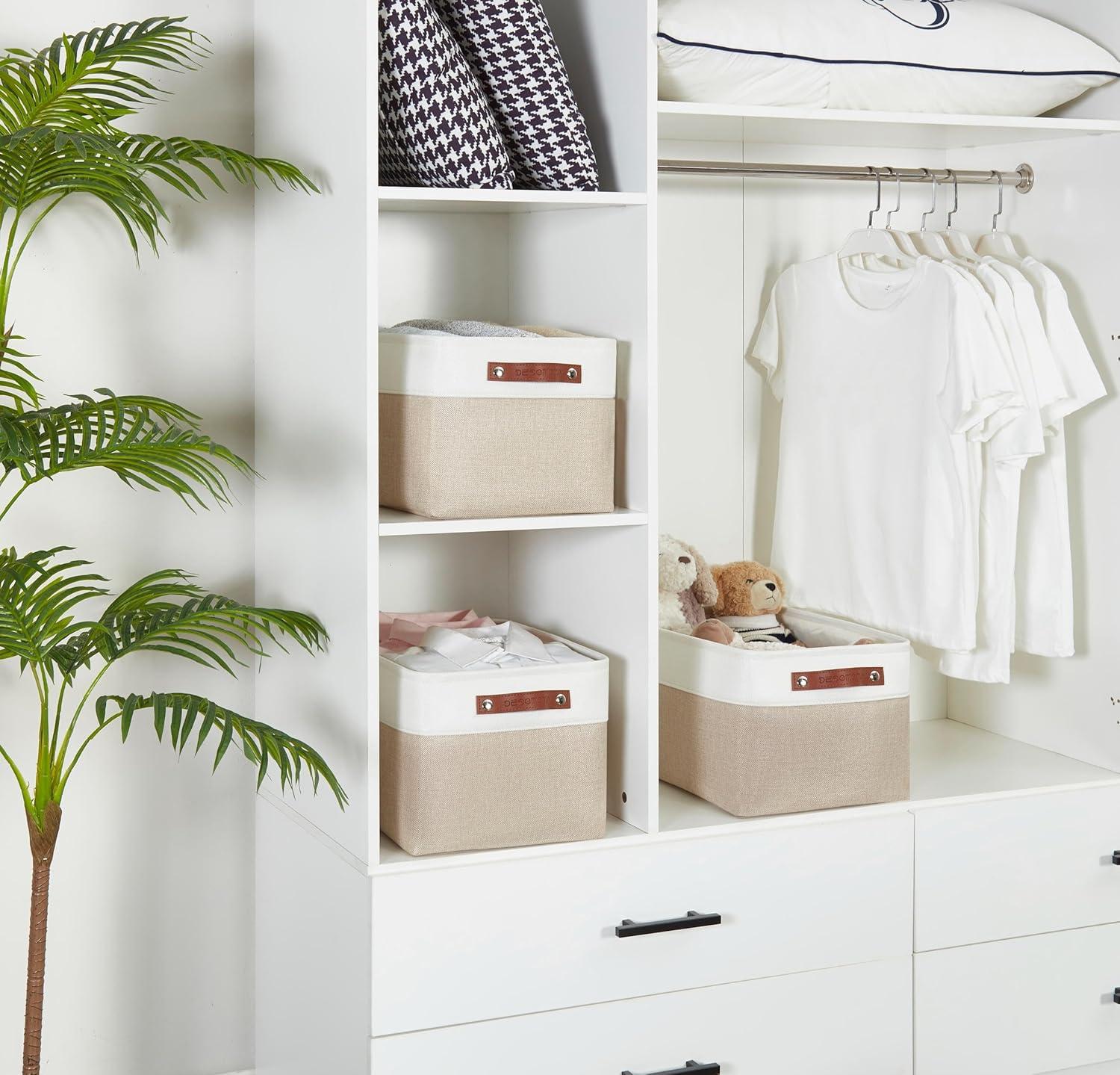 Beige and White Rectangular Fabric Storage Bins with Handles