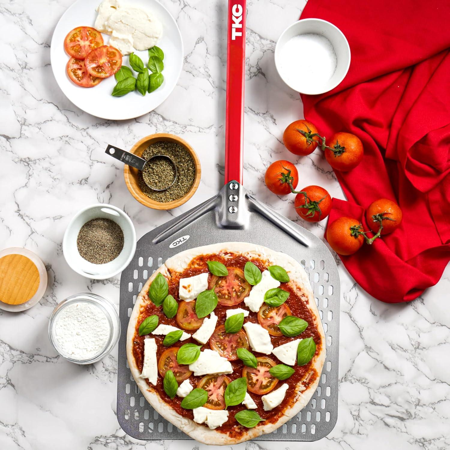 TKC Perforated Pizza Peel 14 Inch, Professional Aluminum Pizza Turning Peel, Long Handle Metal Pizza Spatula for Indoor and Outdoor, Lightweight Non-Stick, Ooni Pizza Oven Accessories