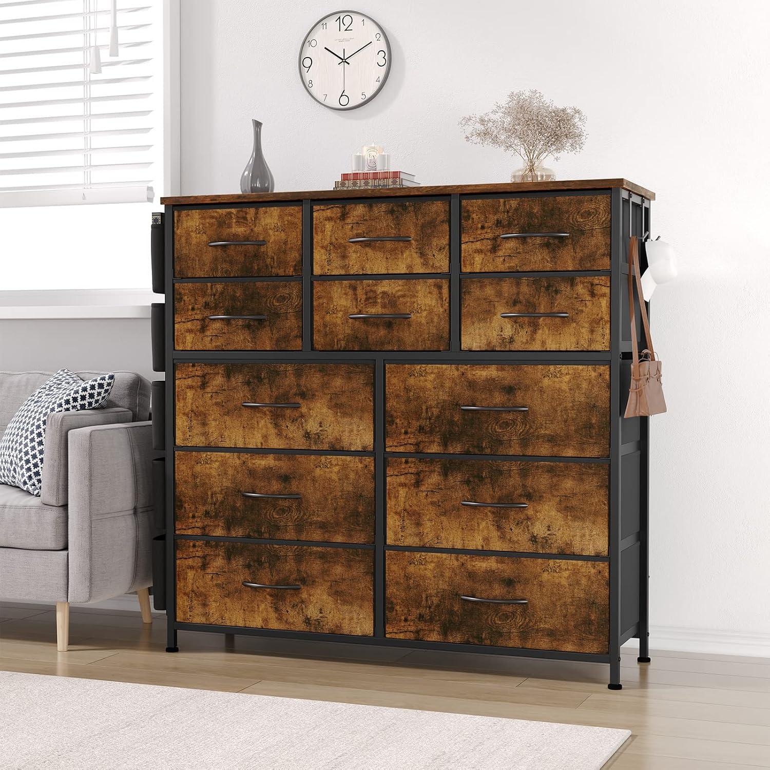 Drawer Wood Dresser with 12 Drawers, Sturdy Steel Frame, Storage Dresser for Bedroom, Rustic Brown