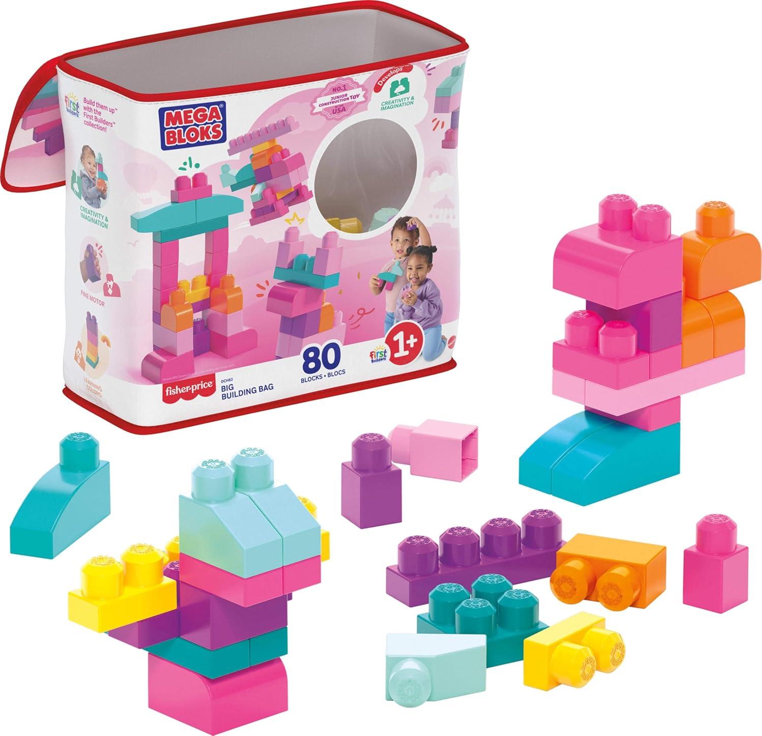 MEGA BLOKS Fisher-Price Toy Blocks Big Building Bag with Storage (80 Pieces) for Toddler, Pink
