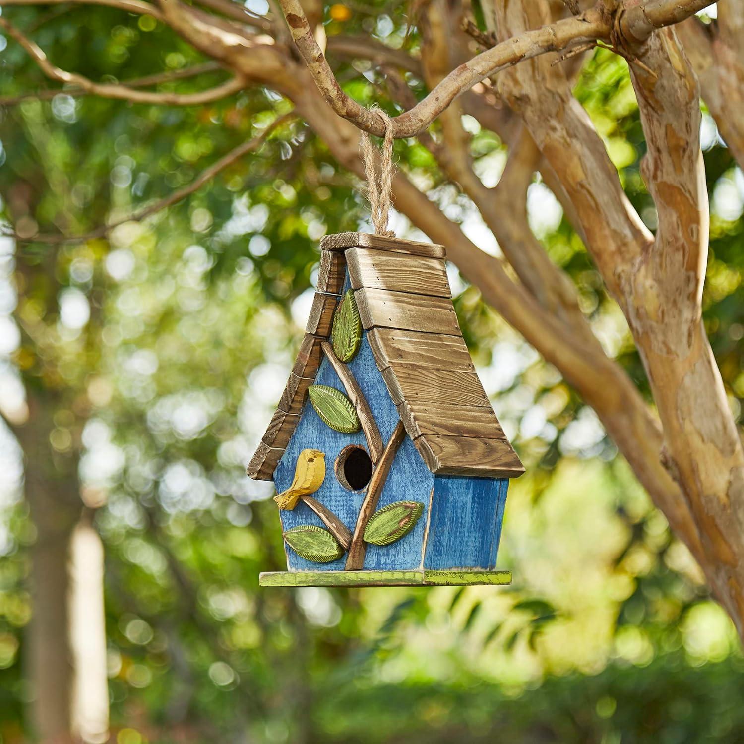 Distressed Blue Wooden Birdhouse with 3D Tree and Slatted Roof