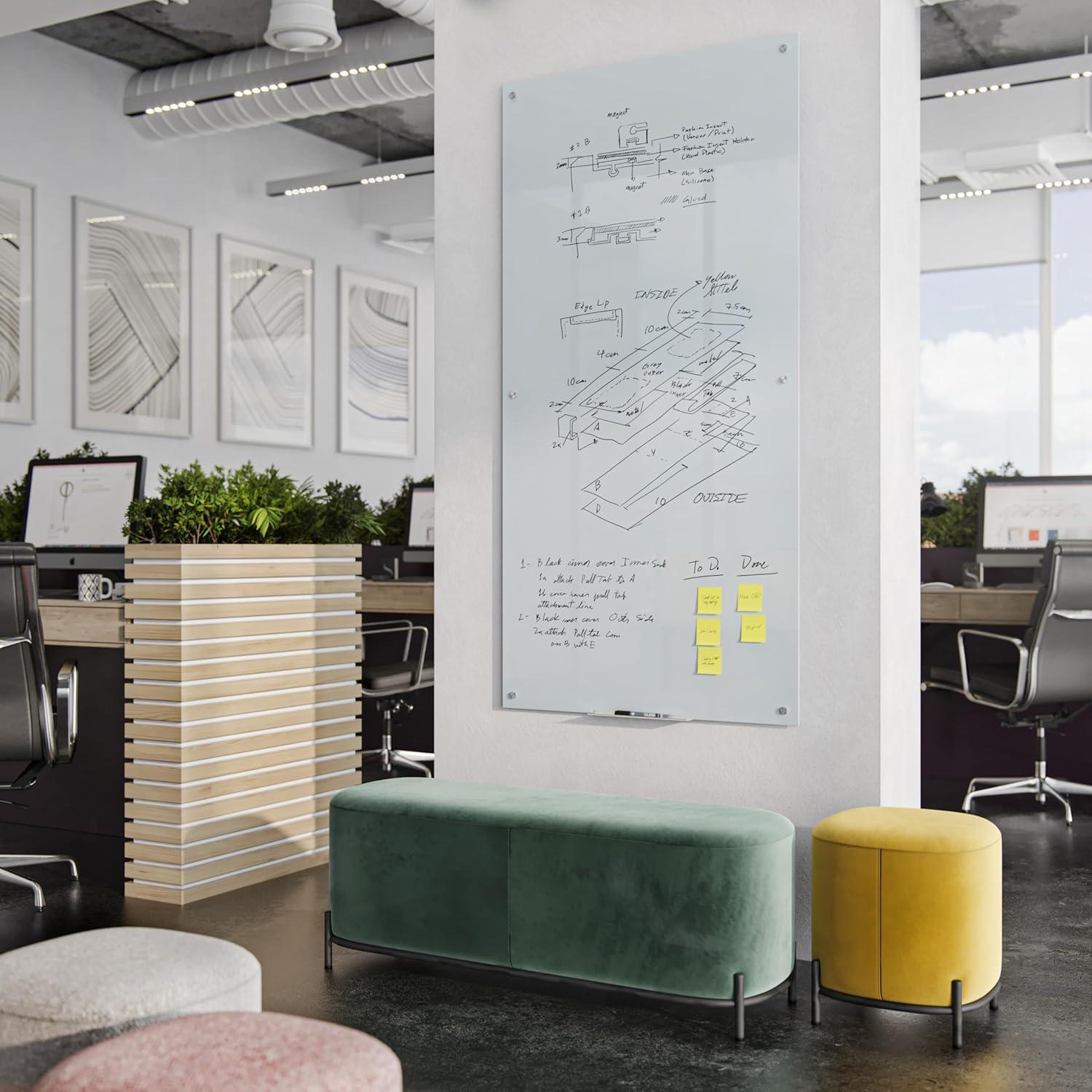 U Brands 70"x35" Frosted Glass Frameless Dry Erase Board White: Wall Mount Glass Whiteboard with Marker Tray