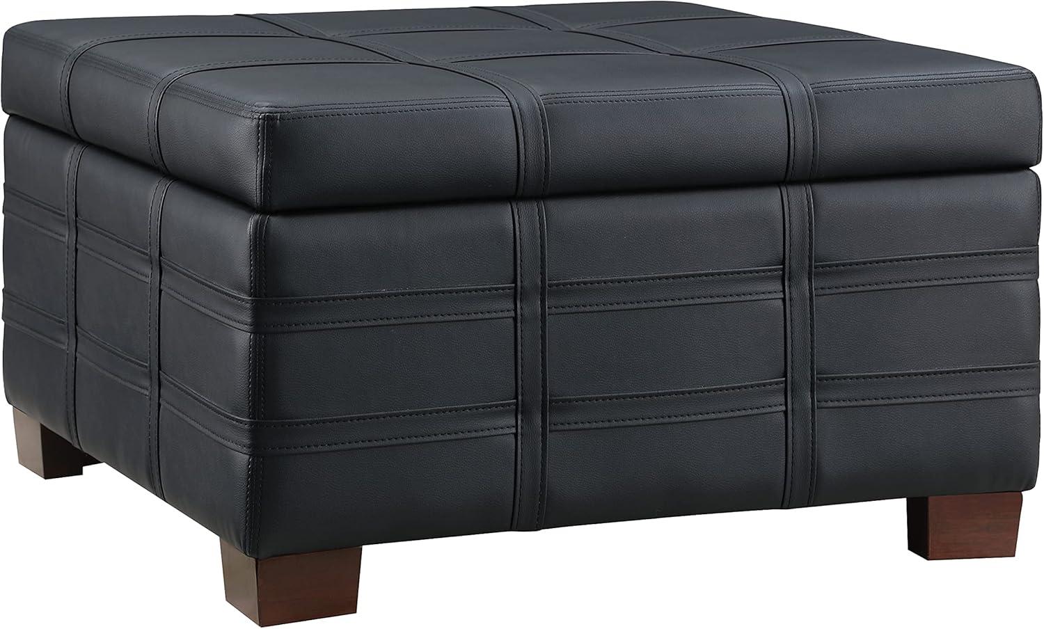 Detour Strap Square Storage Ottoman in Black Faux Leather