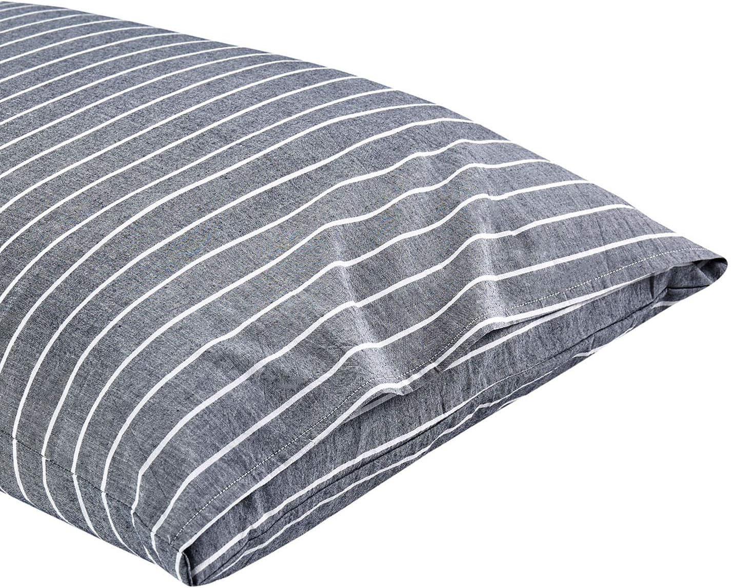 Wake In Cloud - Striped Pillow Cases, 100% Washed Cotton, Ticking Stripe Vertical Pinstripe Neutral Farmhouse, Set of 2 Pillowcases Pillow Shams Covers, Gray, Standard Size 20x26 Inches