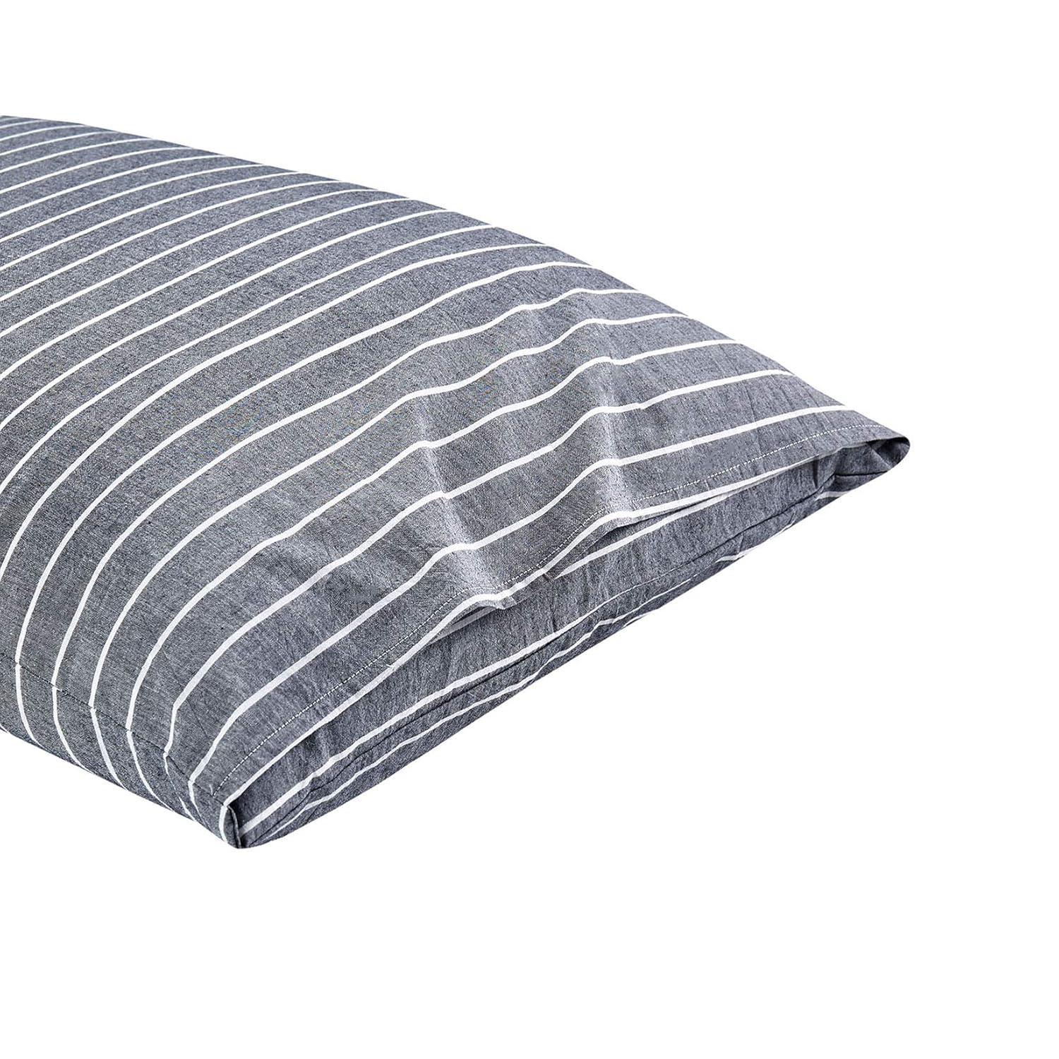 Wake In Cloud - Striped Pillow Cases, 100% Washed Cotton, Ticking Stripe Vertical Pinstripe Neutral Farmhouse, Set of 2 Pillowcases Pillow Shams Covers, Gray, Standard Size 20x26 Inches