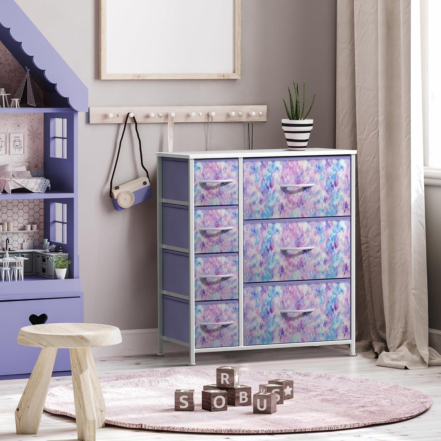 Sorbus Tie-Dye Purple 7-Drawer Kids Dresser with Steel Frame