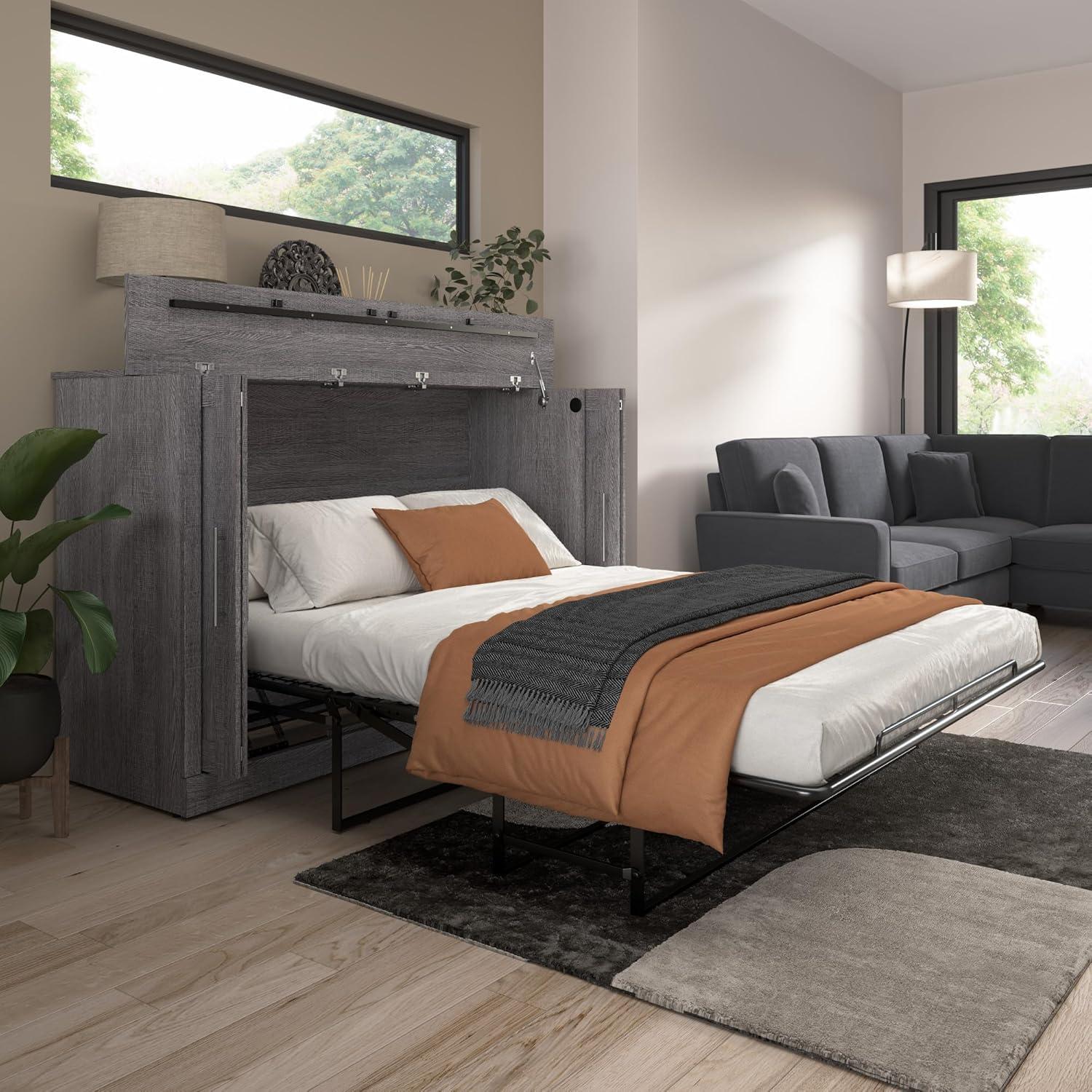 Bestar Pur 75" Modern Engineered Wood Queen Cabinet Bed w/ Mattress in Bark Gray