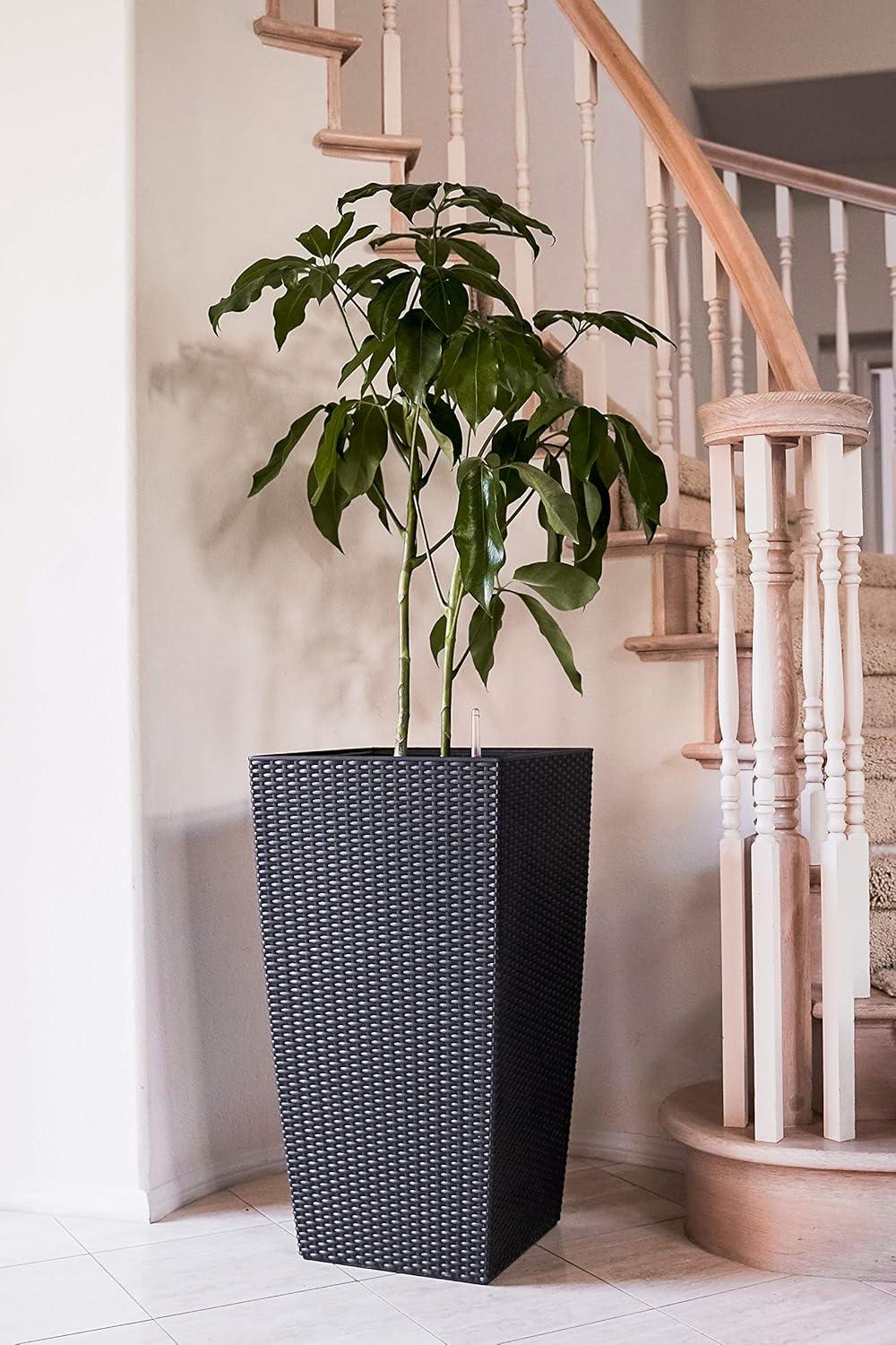 XBrand 30" H Black Rattan Self Watering Indoor Outdoor Square Planter Pot, Tall Decorative Gardening Pot, Home Décor Accent