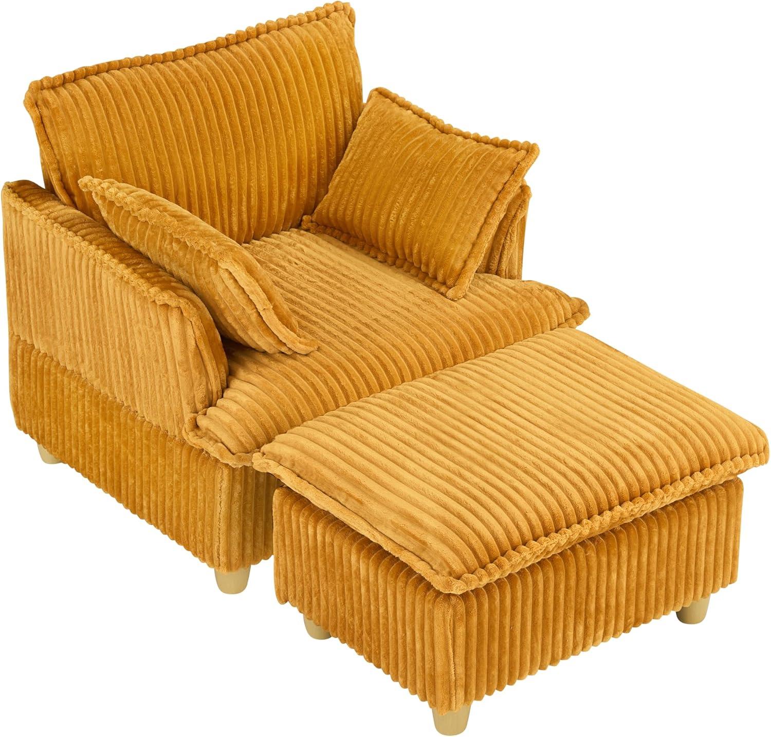 Everly Quinn This single-seat corduroy sofa comes with an ottoman and throw pillows