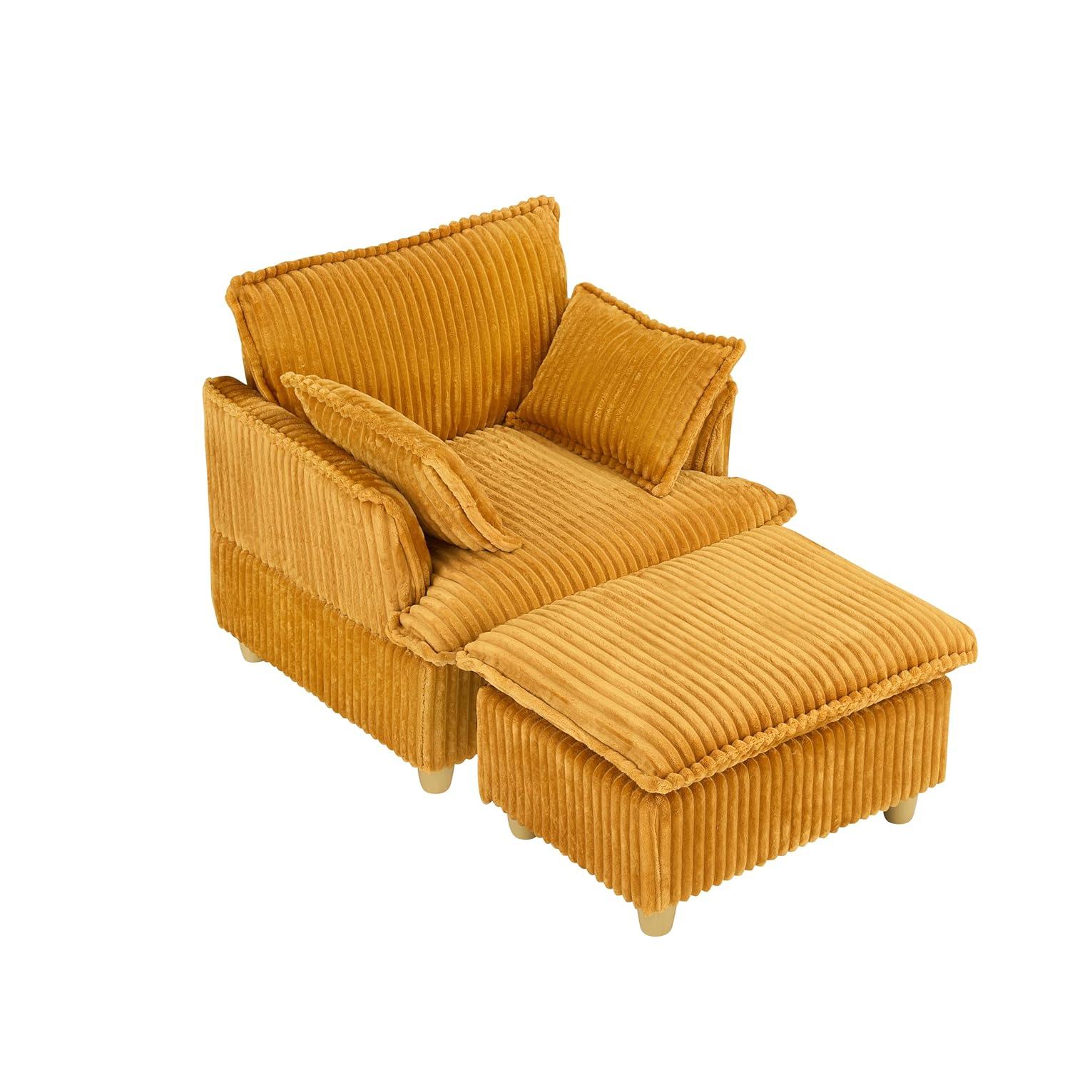 Everly Quinn This single-seat corduroy sofa comes with an ottoman and throw pillows