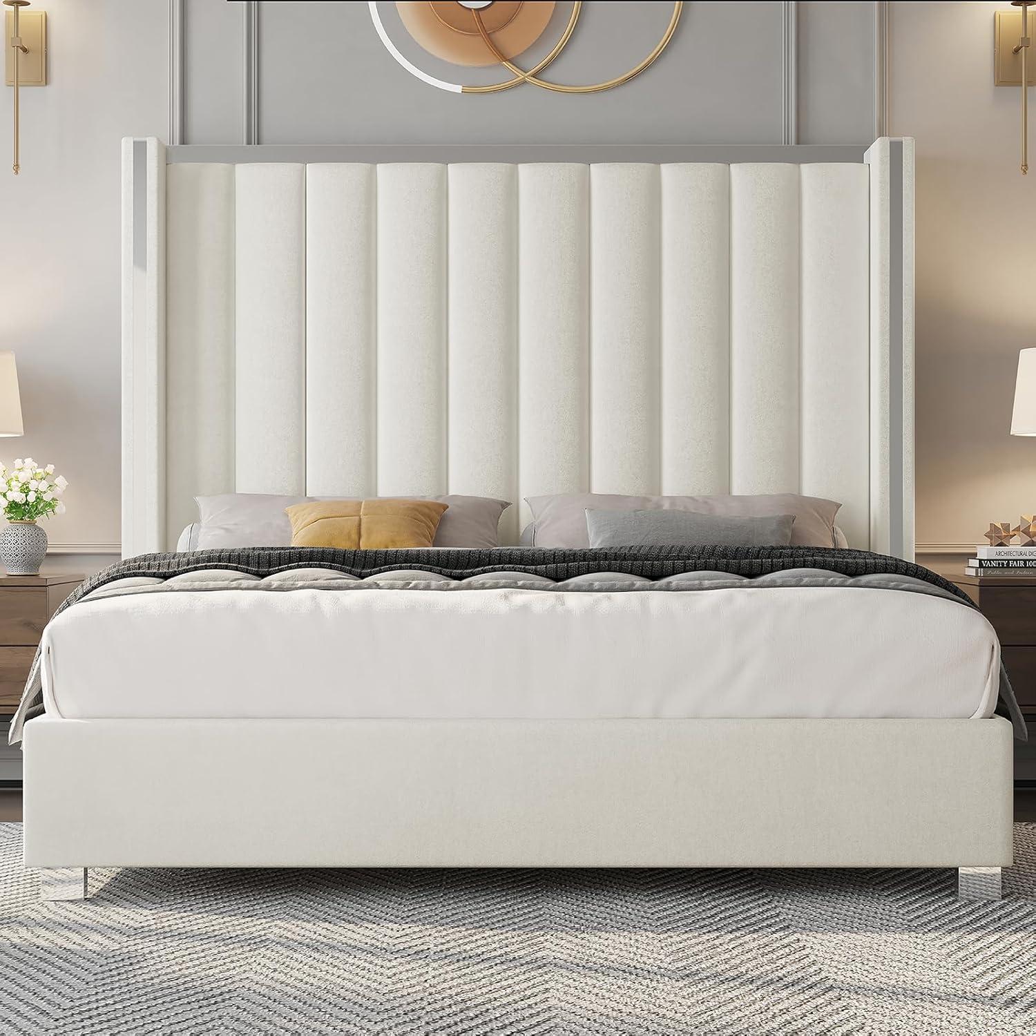 Merluxy Queen Bed Frame with 58" Tall Headboard,Silver Plating Trim,Velvet Upholstered,Cream