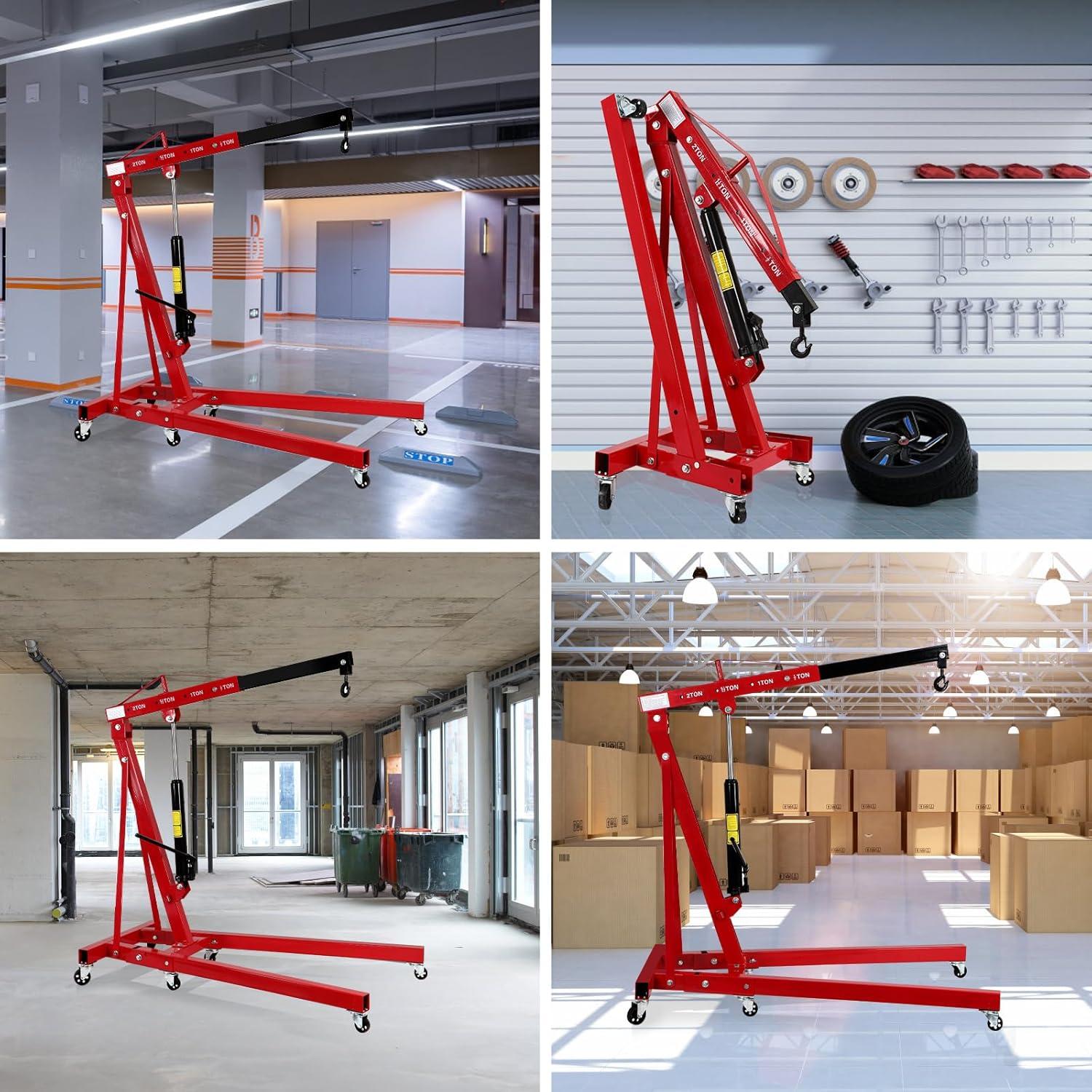 2 Ton Folding Engine Crane Engine Hoist Cherry Picker Ship Crane Heavy Duty Steel Lift Garage Workshop Auto Repair Foldable Stand 6 Caster