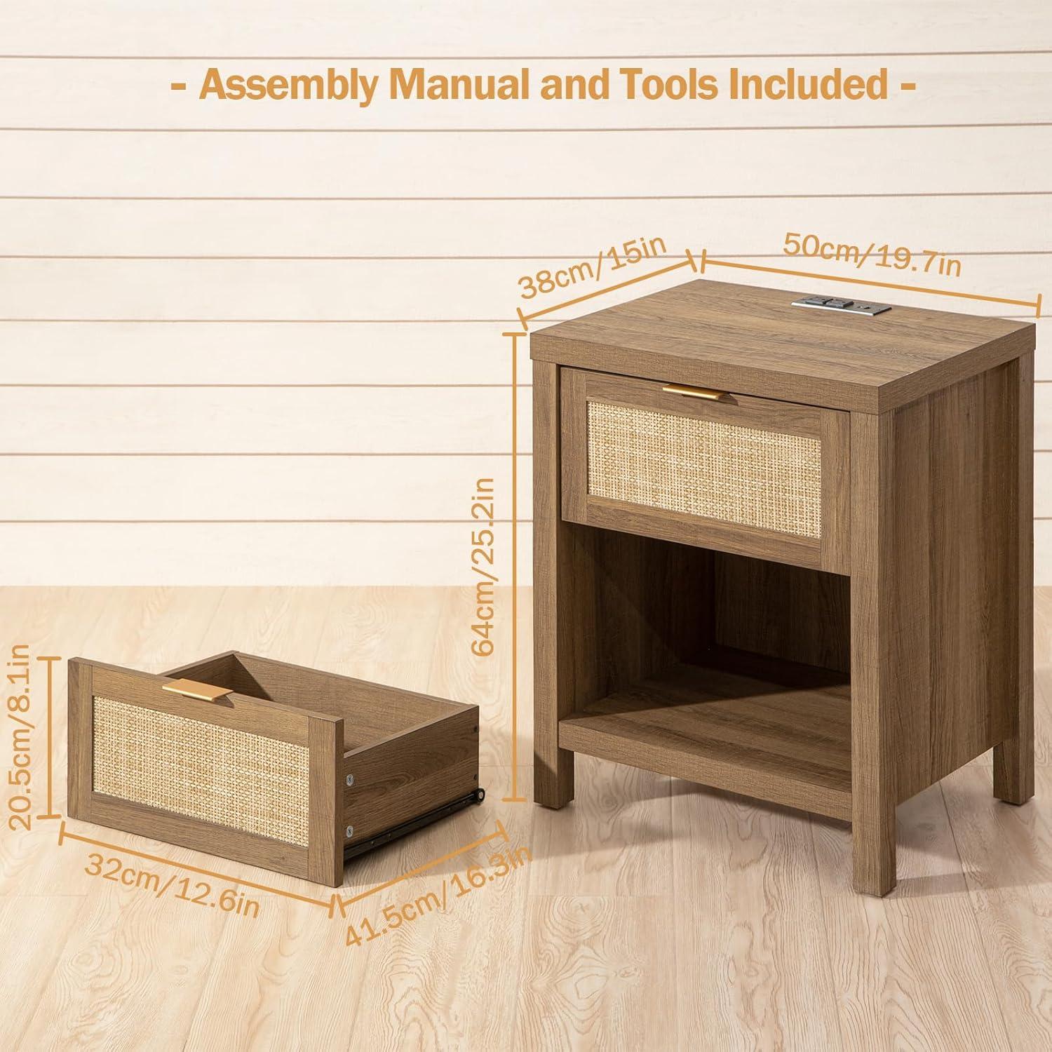 SICOTAS Rattan Nightstands Set of 2 - Farmhouse Night Stand with Drawer and Storage Shelf - Boho Bedside Table End Side Table for Bedroom, Oak
