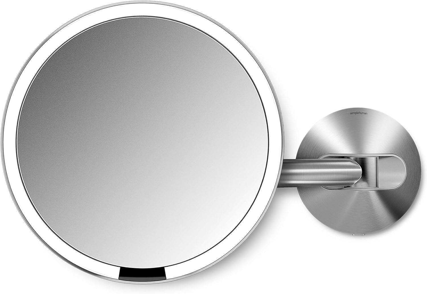 Simplehuman Brushed 8" Round Wall Mount Sensor Makeup Mirror, 5x Magnification, Hard-Wired