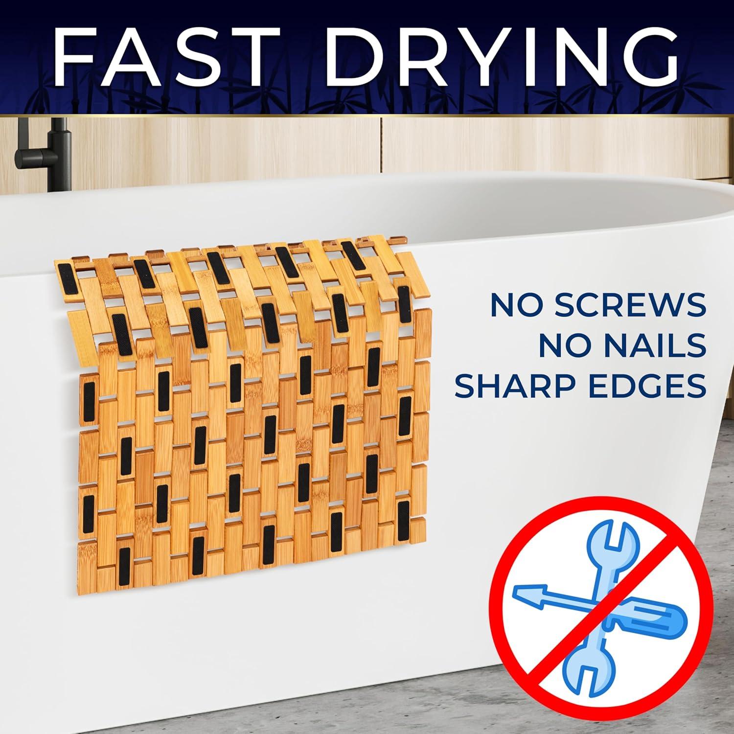 SereneLife Bamboo Bath and Shower Mat, Non-Slip Floor Mat with Extra Grips, Slatted Design, Natural Finish for Bathroom, Spa, Sauna - Rollable and Easy to Clean