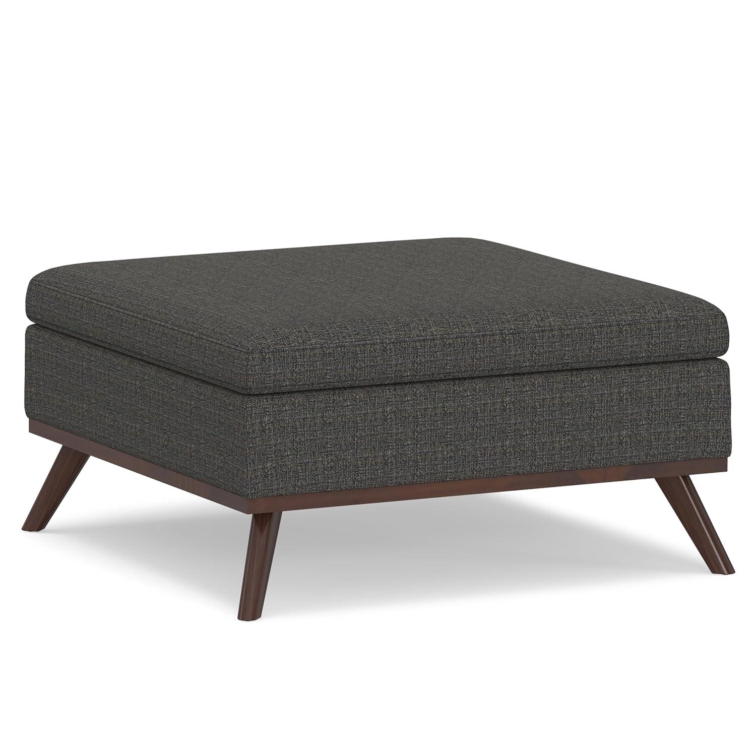 Simpli Home Owen 36"W Upholstered Square Coffee Table Storage Ottoman with Lift Top and Solid Wood Legs