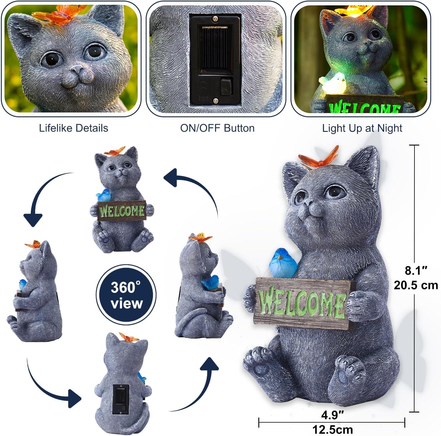 Trinx Solar Cat Figurine Garden Statues : Outside Welcome Cat Statue With Butterfly For Garden Decor And Yard Decorations - Unique Gifts