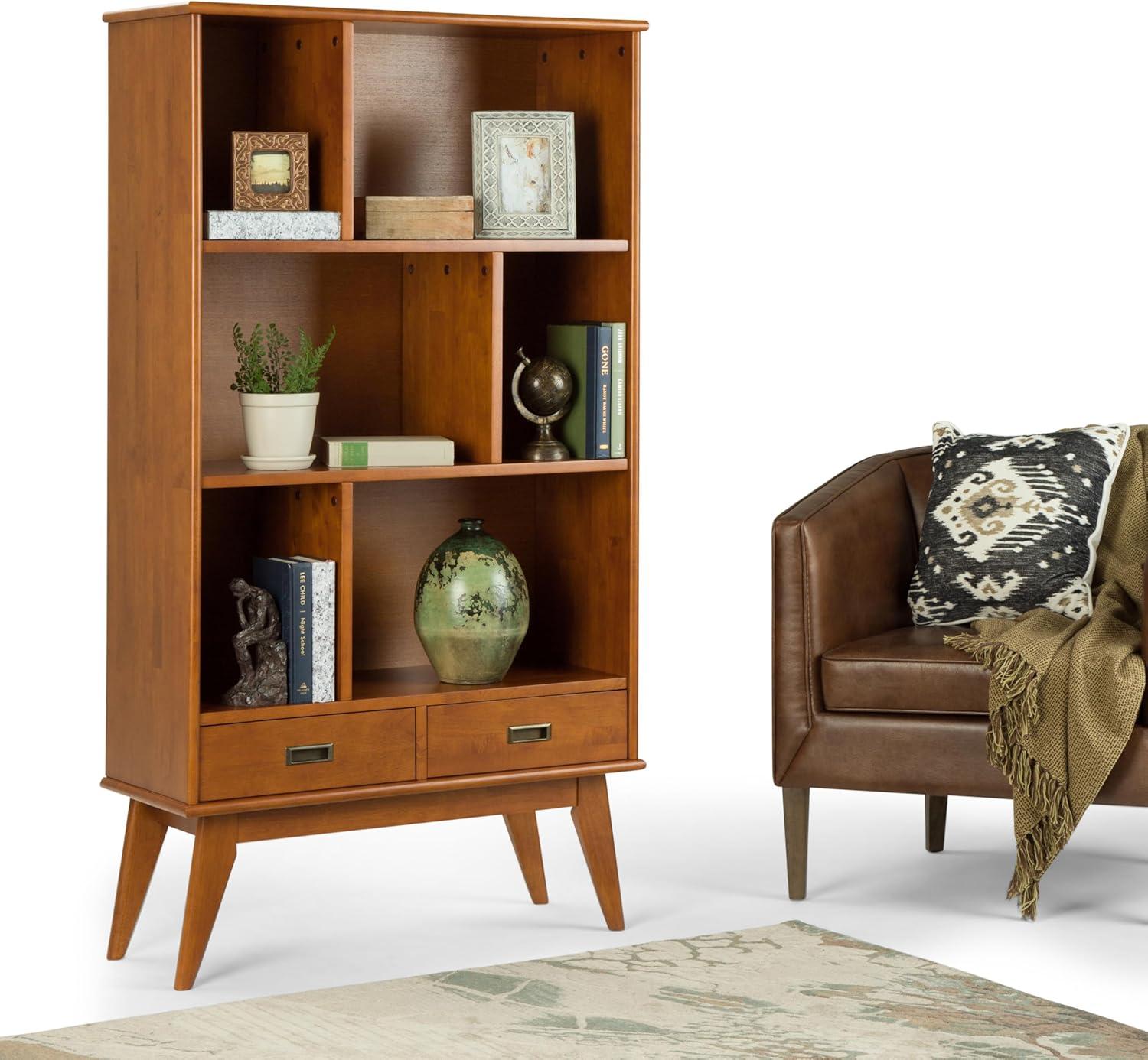 Simpli Home Draper 35"W Solid Hardwood 6 Shelf Compartment Mid-Century Modern Wide Bookcase with 2 Drawers