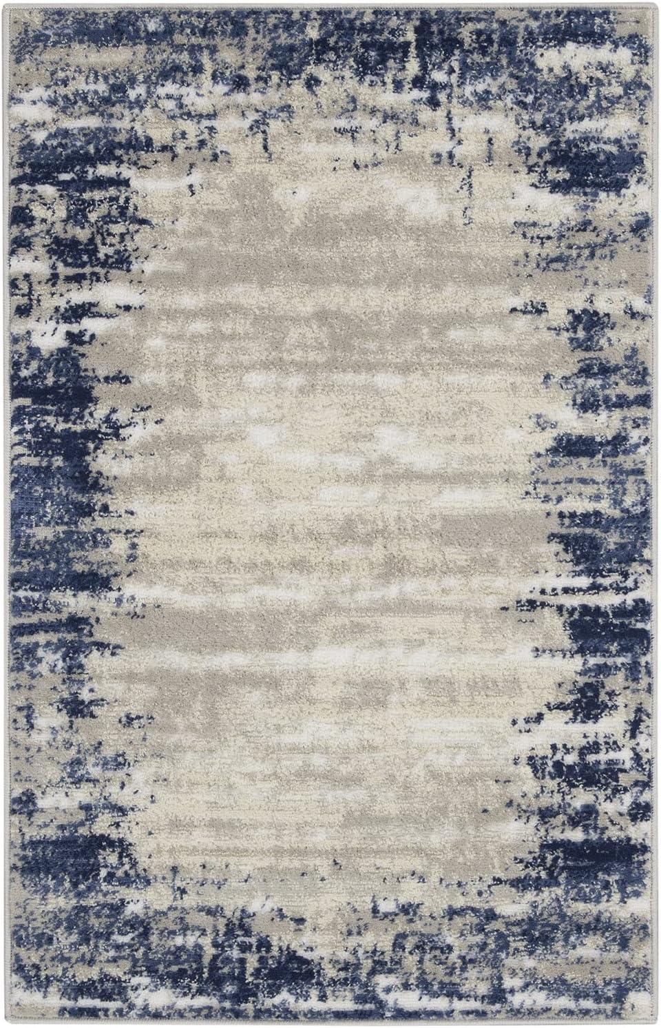 Ivory and Navy Rectangular Synthetic Area Rug 2'6" x 4'